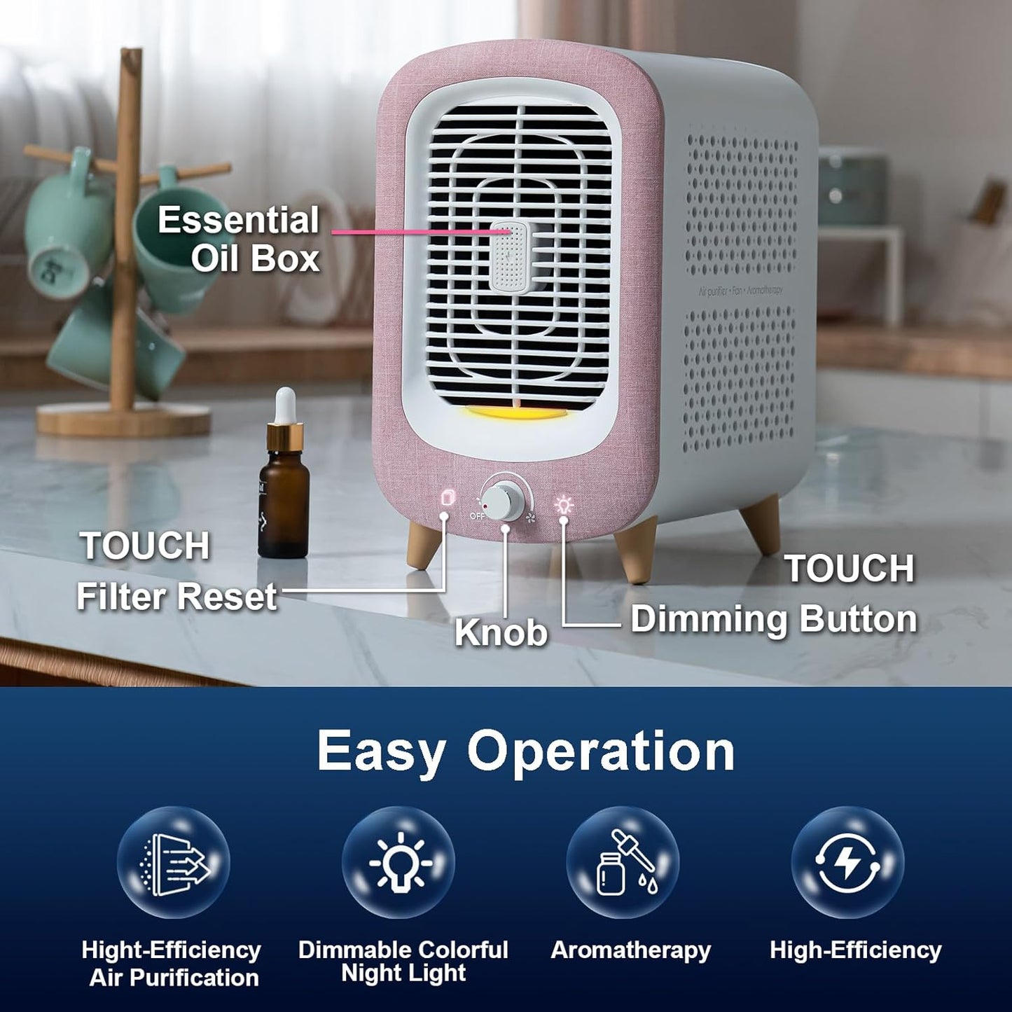 Jafanda Air Purifier for Home Bedroom 780sq ft, HEPA & Activated Carbon, Air Cleaner with Fragrance Sponge & Nightlight for Smoke, Allergies, Dust, Odor, VOC, Pet Dander, Pollen, Office, Desktop, Pink