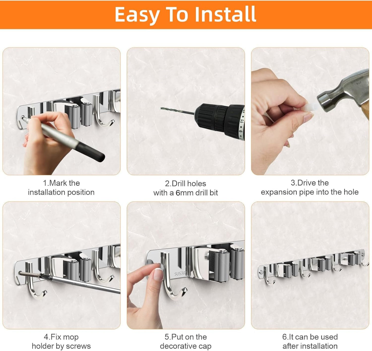 2 Pack Mop and Broom Holder Wall Mount, Non-slip Broom Hanger Wall Mount, Heavy Duty Mop Broom Organizer for Kitchen Garden Garage Laundry Room Wall Decor Organization and Storage Silver 4R5H