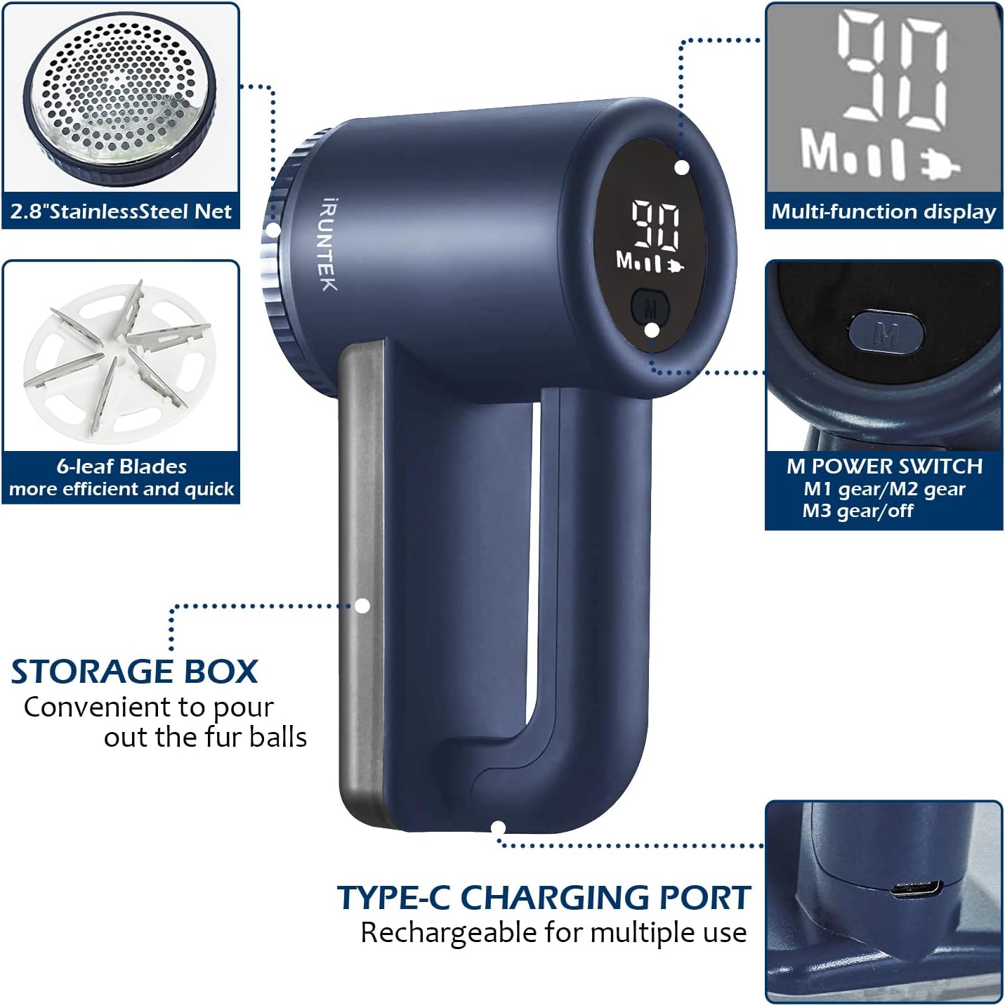 iRUNTEK Rechargeable Fabric Shaver & Lint Remover｜3-Speed Lint Shaver with LED Display & Large Lint Bin｜Sweater Shavers to Remove Pilling｜Eliminates Fuzz & Pilling from Clothes Couch Furniture, Navy