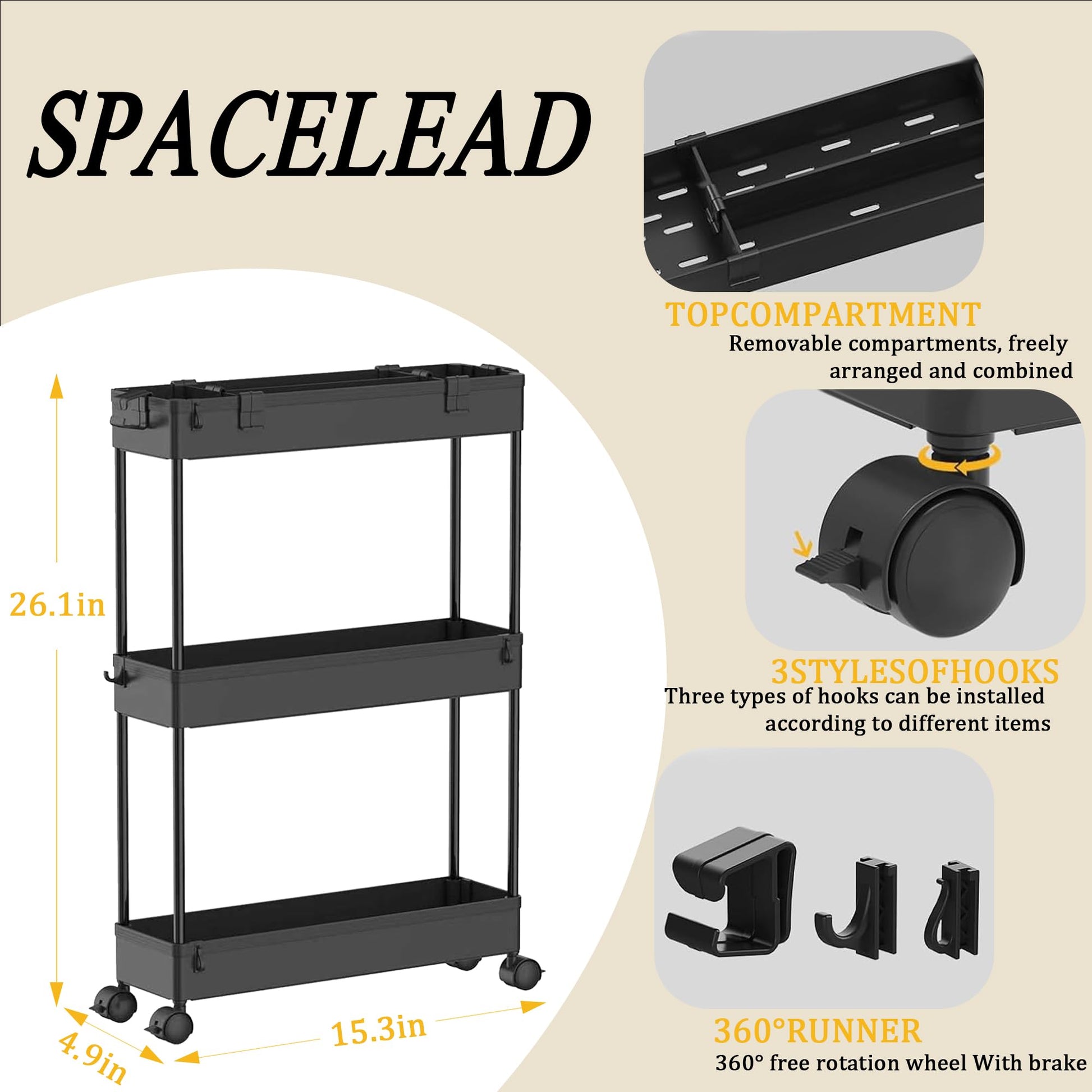 SPACELEAD Slim Storage Cart 3 Tier,Bathroom Organizer Rolling Utility,Mobile Shelving Unit Slide
