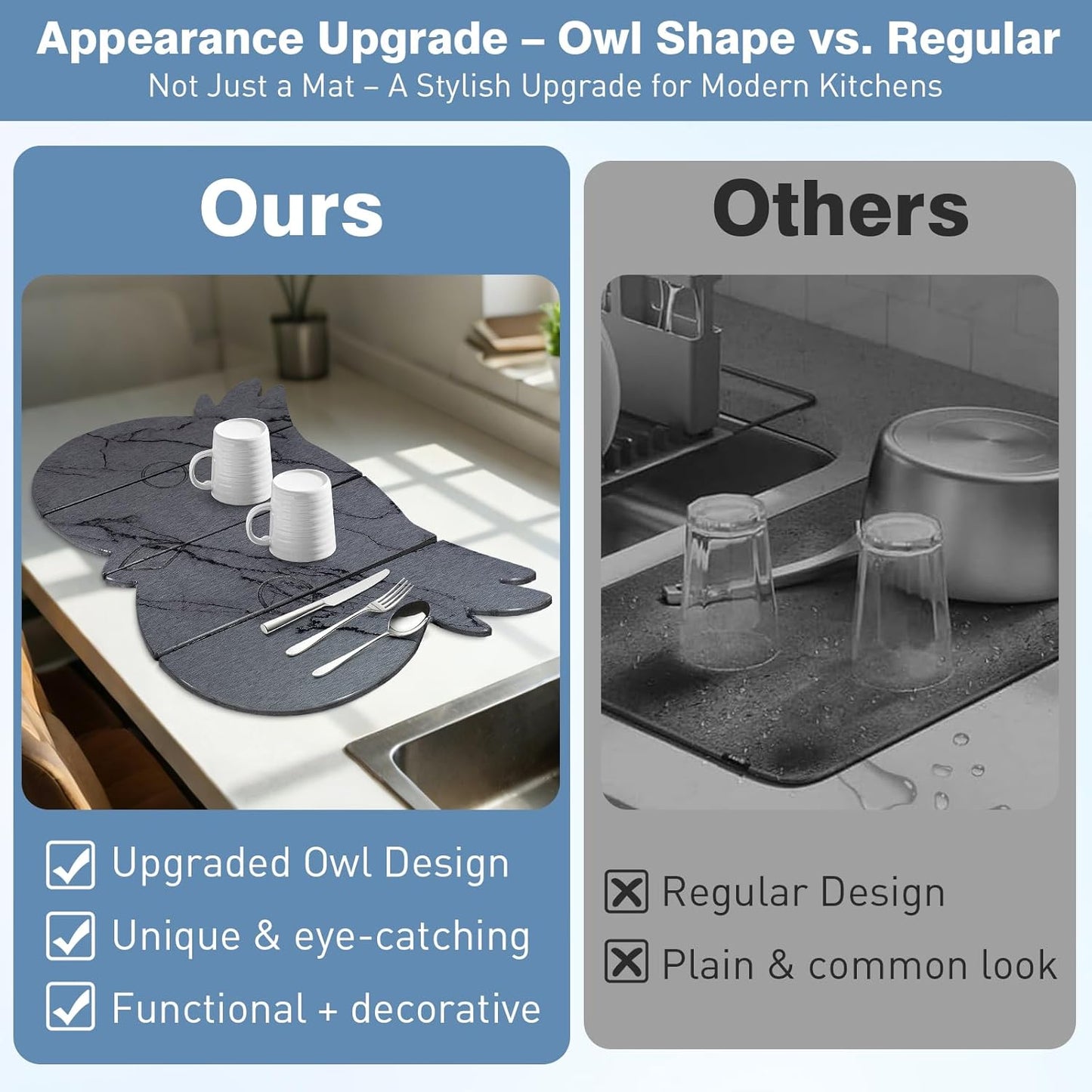 Large Stone Dish Drying Mat for Kitchen Counter,24"(L)×16"(W) Quick Dry Absorbent Diatomaceous Earth Dish Drying Mats,Owl Shape Design Drying Pads for Cups Dishes Bottles (DarkGray)