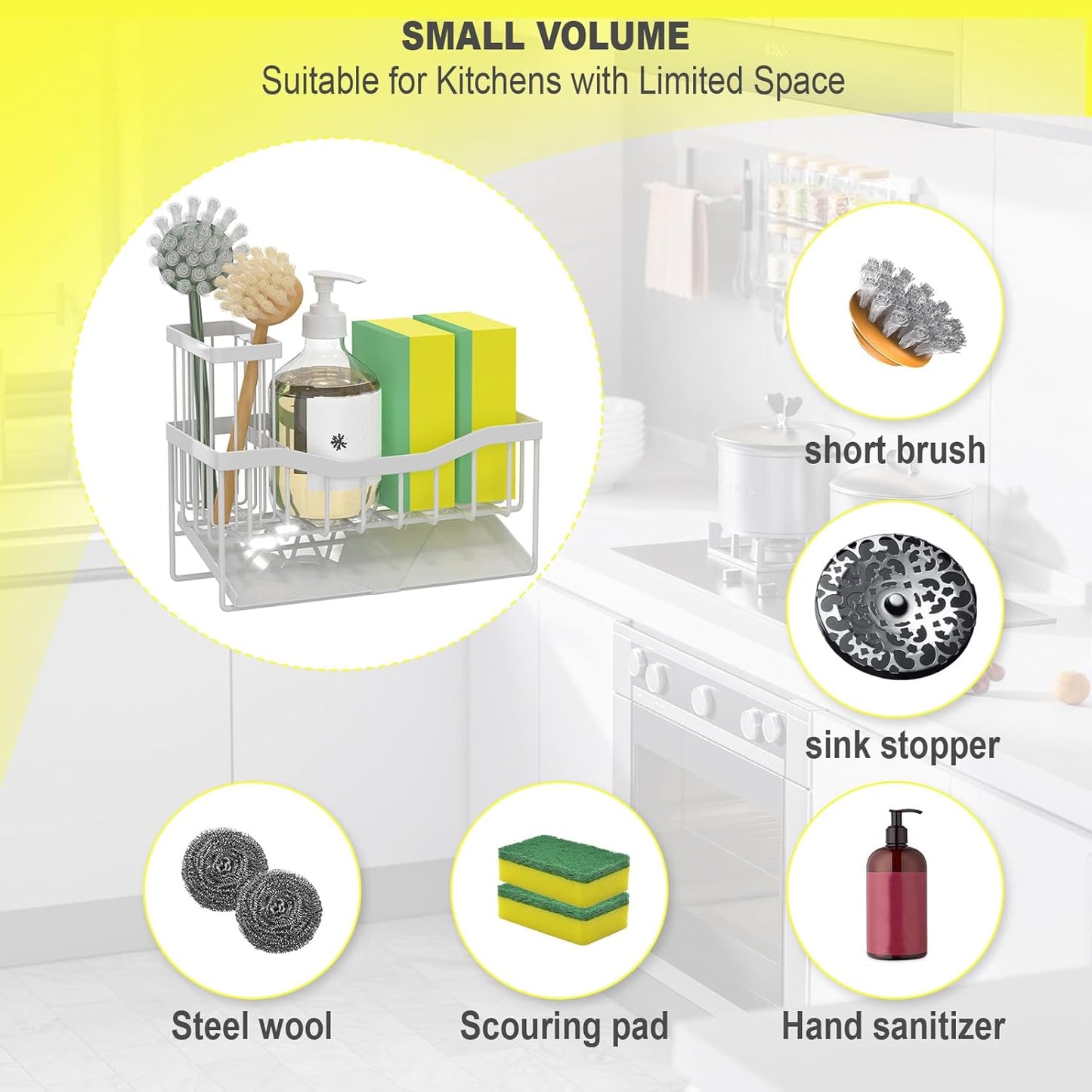 Maifan Sink Caddy Sponge Holder for Kitchen with Brush Holder and Stainless Steel Self Drain Tray, Rustproof Kitchen Sink Organizer for Sponge, Soap Dispenser Storage Accessories