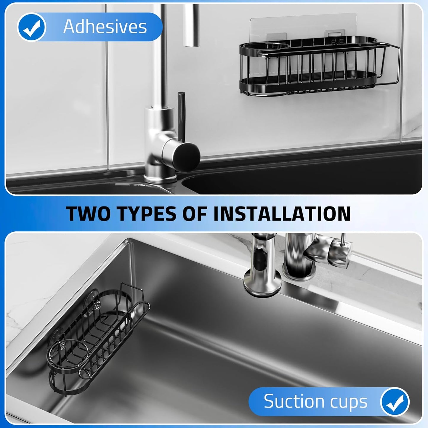 Cisily Kitchen Sink Caddy Sponge Holder in The Sink, Stainless Steel Kitchen Sink Organizer, Brush Holder, Dish Cloth Hanger, Sink Stopper Holder with 2 Installation Ways (Suction & Adhesives