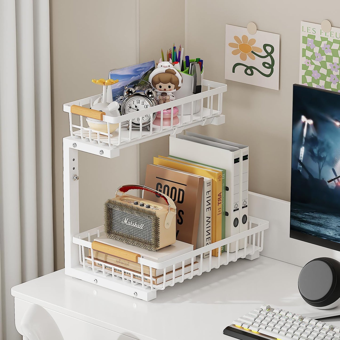 2-Tier Slide Out Under Sink Organizer – 2-Tier Pull-Out Storage Rack, Bathroom organizers and storage for Kitchen and Bathroom, Space-Saving Cabinet Organizer, Rustproof,（White)(2 Pack)