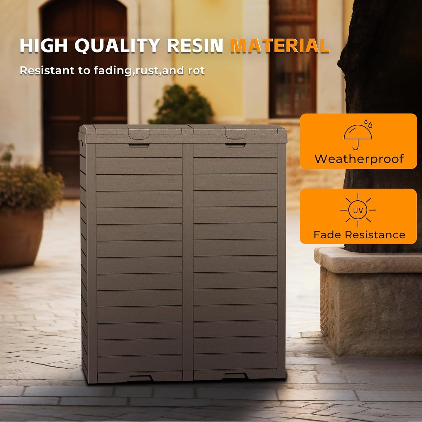 62-Gallon Outdoor Trash Can with lid, Waterproof, UV-Resistant Resin Garbage Can, Lockable Lid and Drip Tray, Animal-Proof, for Patio, Kitchen, Backyard and Deck