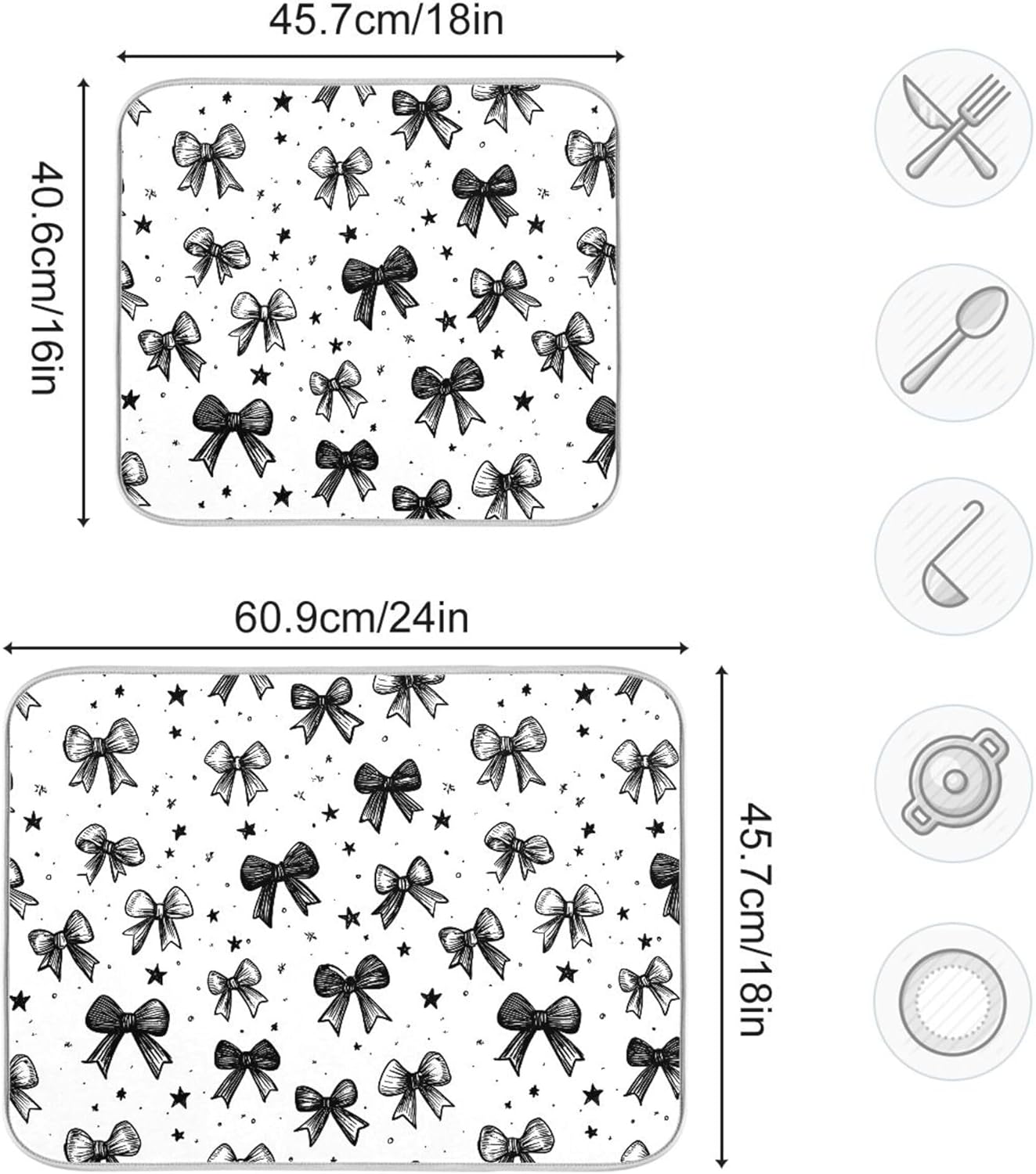 Black White Bowknot Dish Drying Mat for Kitchen Countertop 16x18 Rectangle Bow Small Drying Mat Reusable Quick Dry Dish Sink Absorbent Mats Dishwasher Easy Clean Decorative Home Decor Essentials