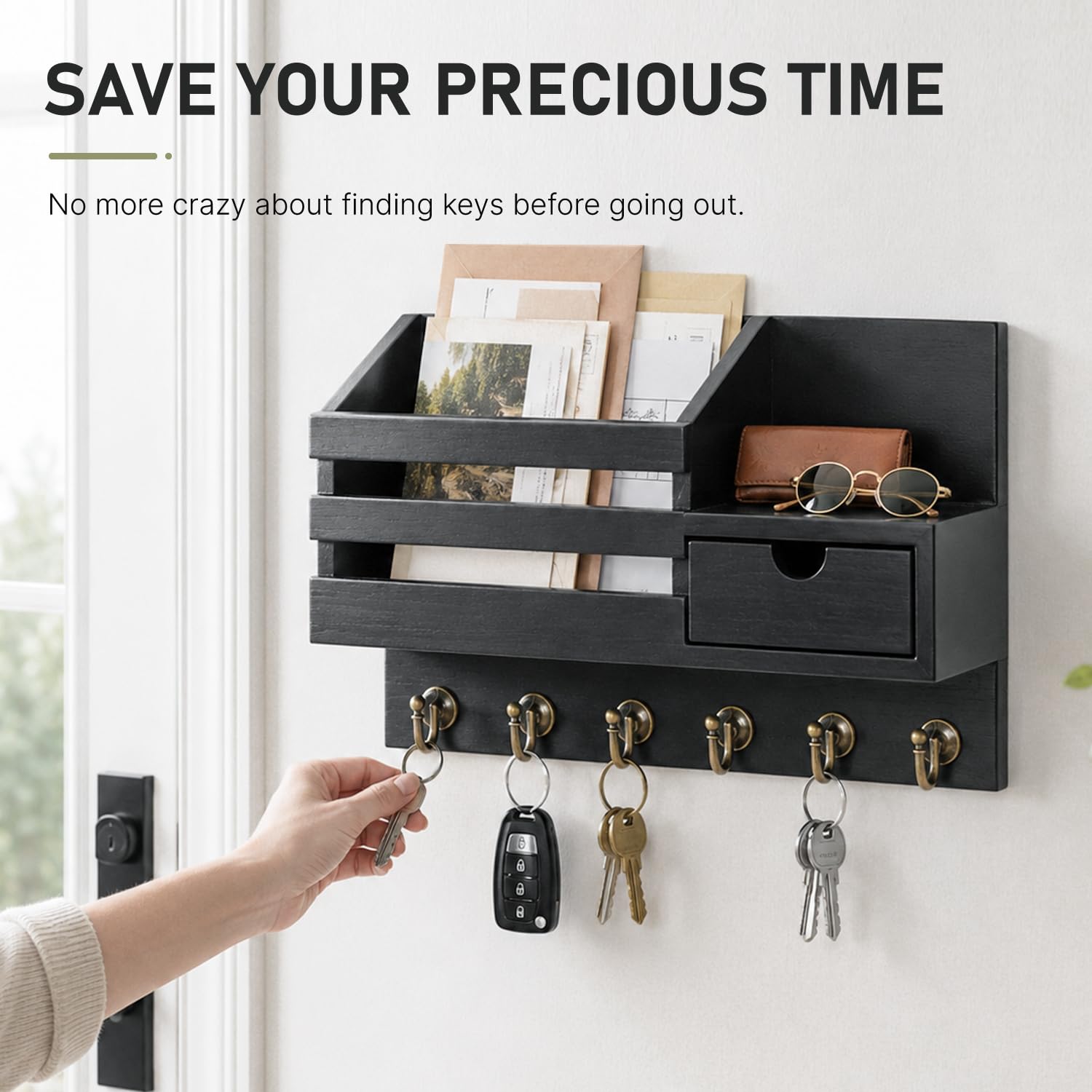 FifthQuarter Key Holder Wall Mount with Drawer and 6 Sturdy Hooks, A-Black
