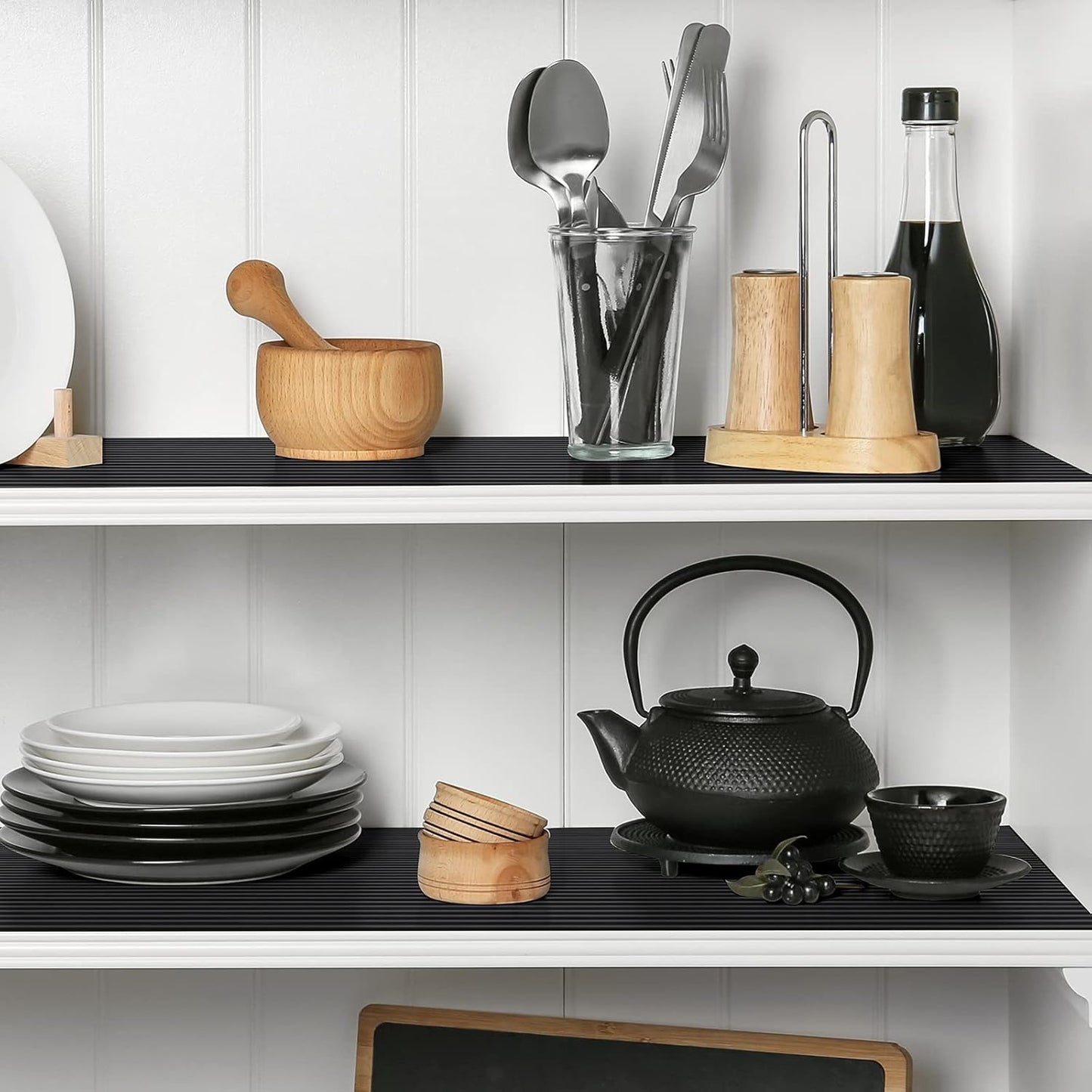 Shelf Liners for Kitchen Cabinets Non Adhesive Drawer Liner EVA Material Cupboard Mat Refrigerator Mats Washable Fridge Liner for Cabinet, Storage and Desks 17.3 x 236.2 Inches Black