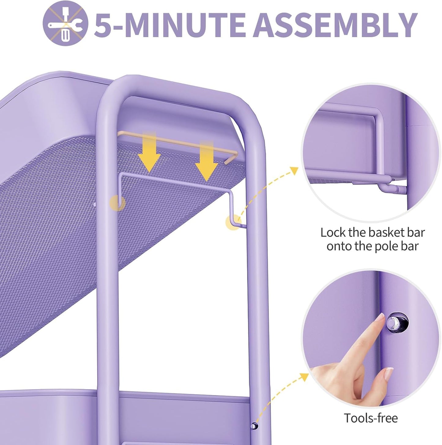 TOOLF 3 Tier Rolling Cart Storage Organizer, Metal Rolling Utility Cart with Wheels, Hooks & Bins Esthetician Craft Art Sturdy Storage with Pegboard for Bathroom, Kitchen, Office, Nursery Diaper