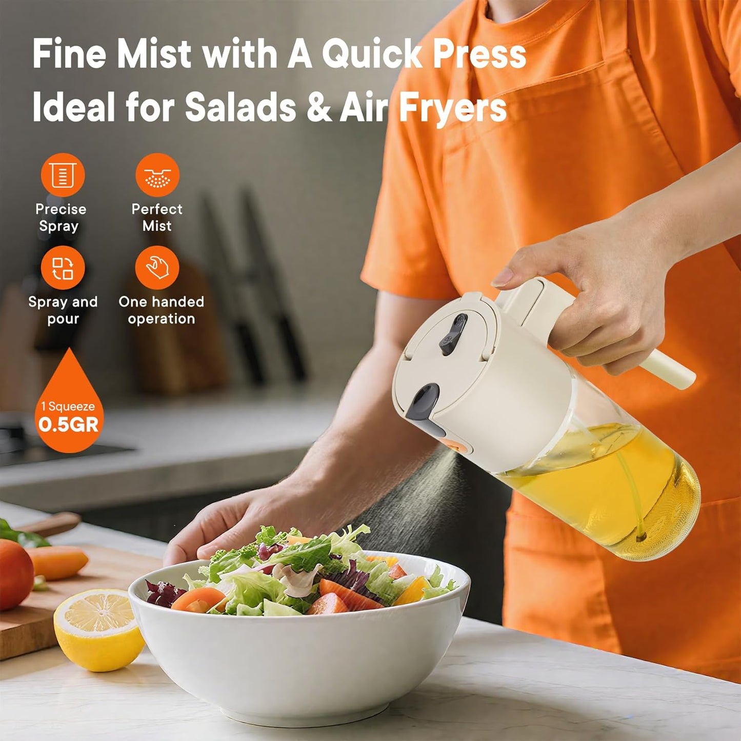 Oil Sprayer For Cooking with Leak-Proof Seal, One Touch Mist - 600ML Kitchen Oil Dispenser Bottle for Air Fryer, BBQ, Baking, Salad(White)