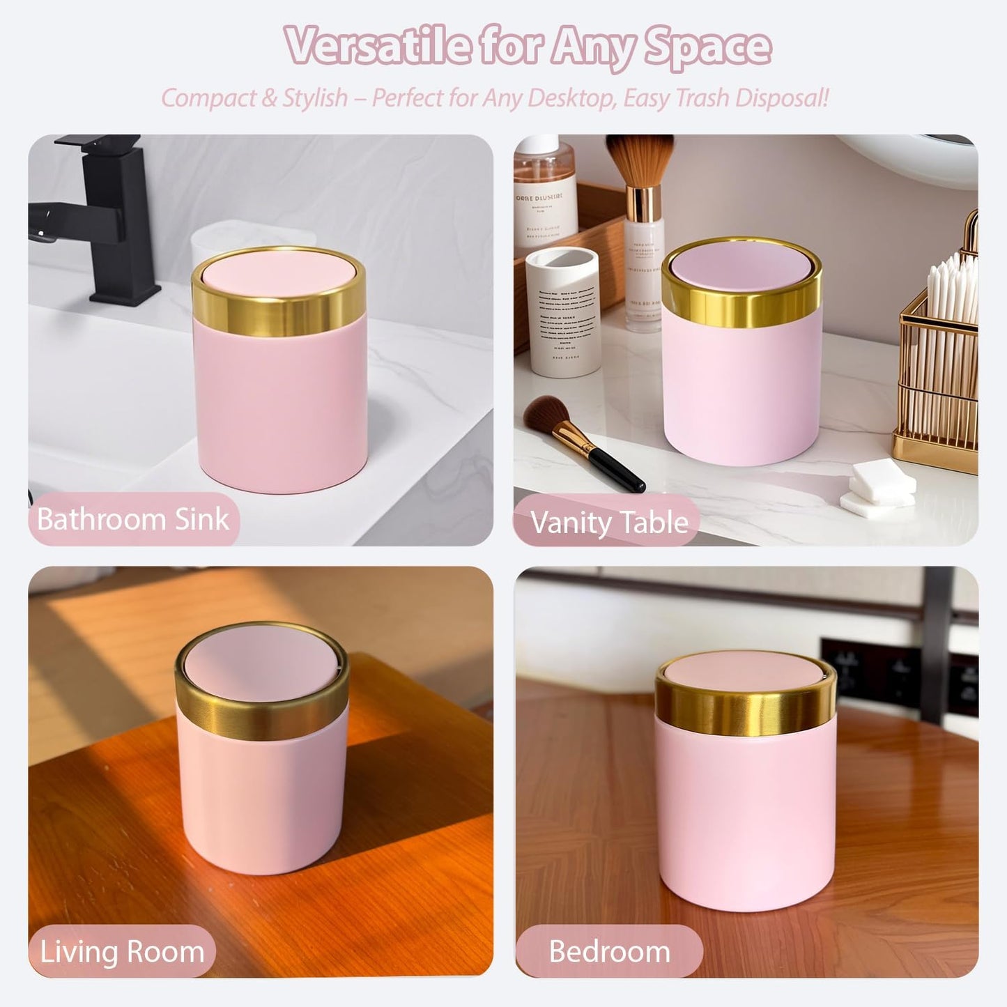 Mini Trash Can with Lid, Metal Small Tiny Mini Trash Bin Can, Mini Countertop Trash Cans for Desk Car Office Kitchen, Swing Top Trash Bin 1.5 L/0.40 Gal (Pink)