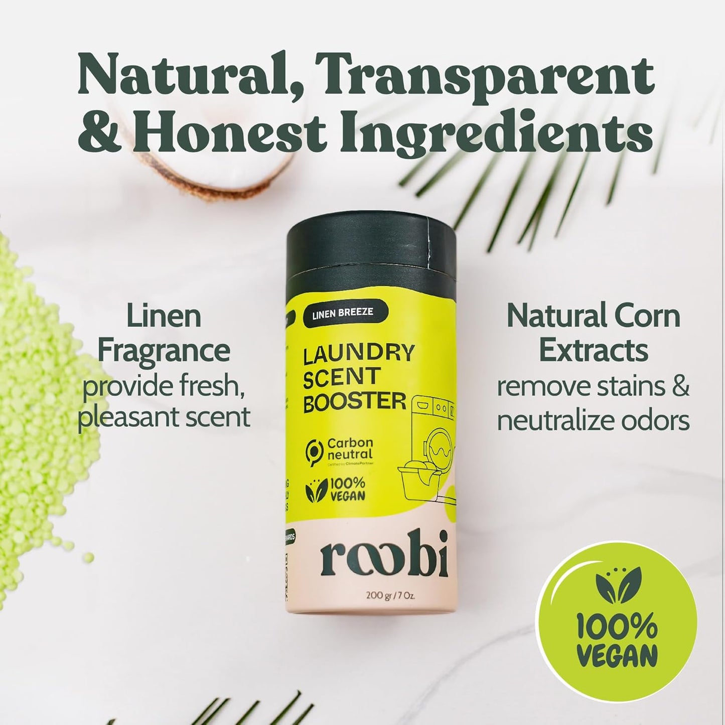 Roobi Sustainable Laundry Scent Booster Beads. Linen Breeze Fragrance Laundry Beads. Up to 20 Washing Cycles. Carbon Neutral, 100% Vegan.
