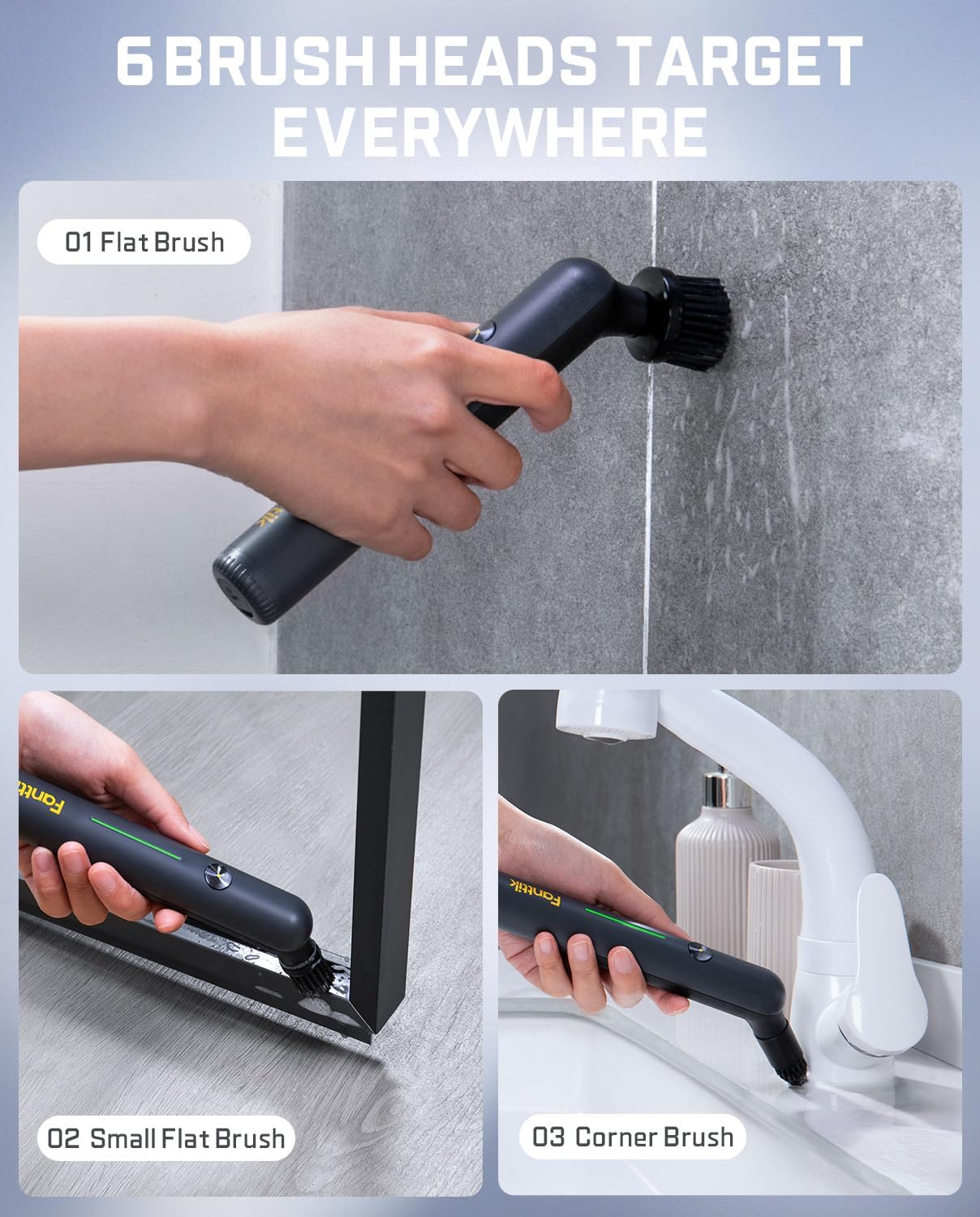 Fanttik G9 Nano Cordless Spin Scrubber with NeoPulse Motor, IPX7 Waterproof Grout Brush, 8 Replaceable Heads & LED Display for Cleaning Bathroom, Tile, Corners - Black