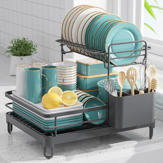 Dish Drying Rack - X-Large Stainless Steel Dish Rack for Kitchen Counter, 2-Tier Kitchen Organizers and Storage for Dishes, Bowls, Cutlery, Gray