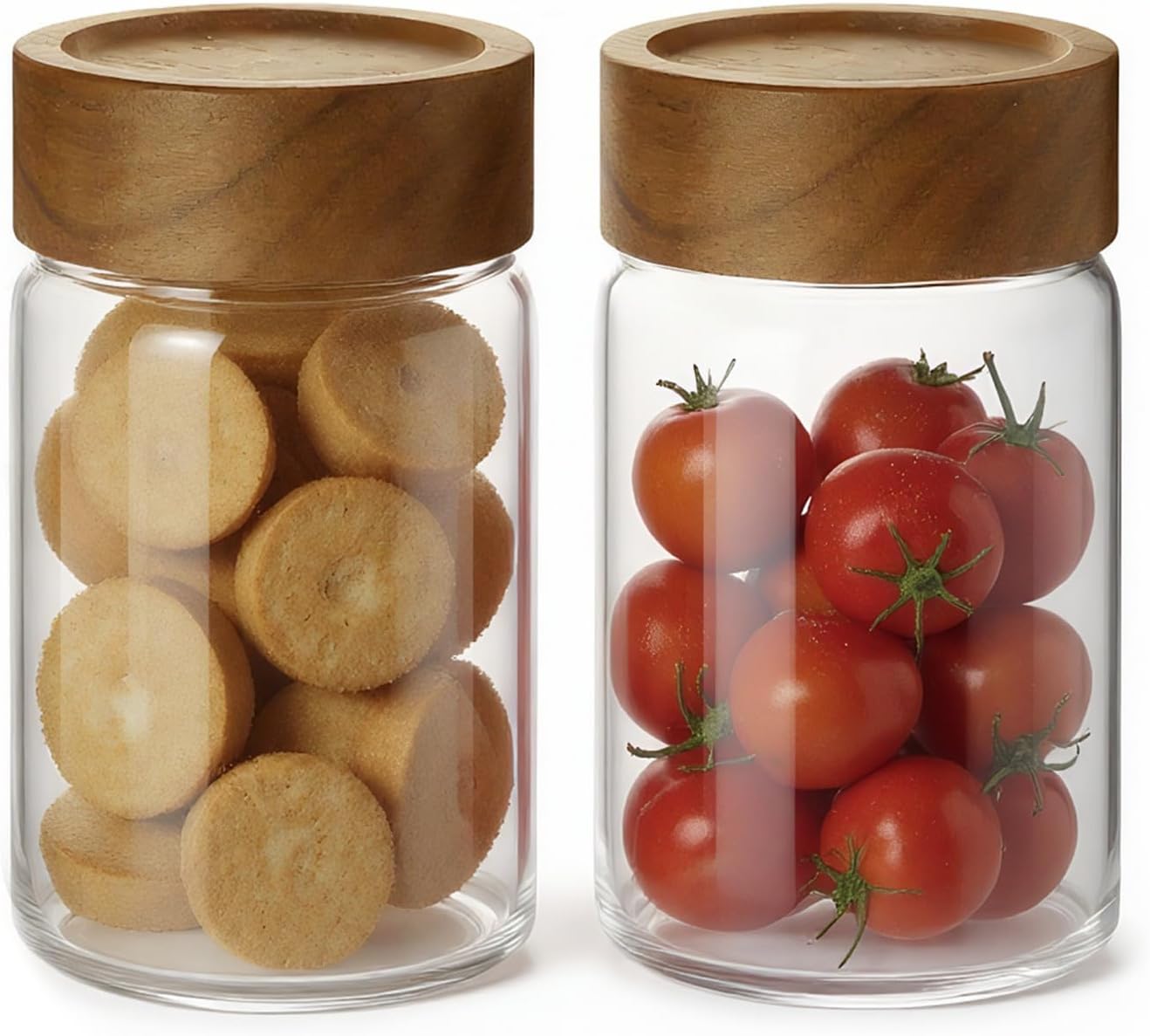 2pc Glass Mason Jars with Acacia Wood Airtight Lids - Overnight Oats & Food Storage Container Set, Clear Stackable Leakproof Kitchen Canisters for Meal Prep/Snack Organization/Spice Storage
