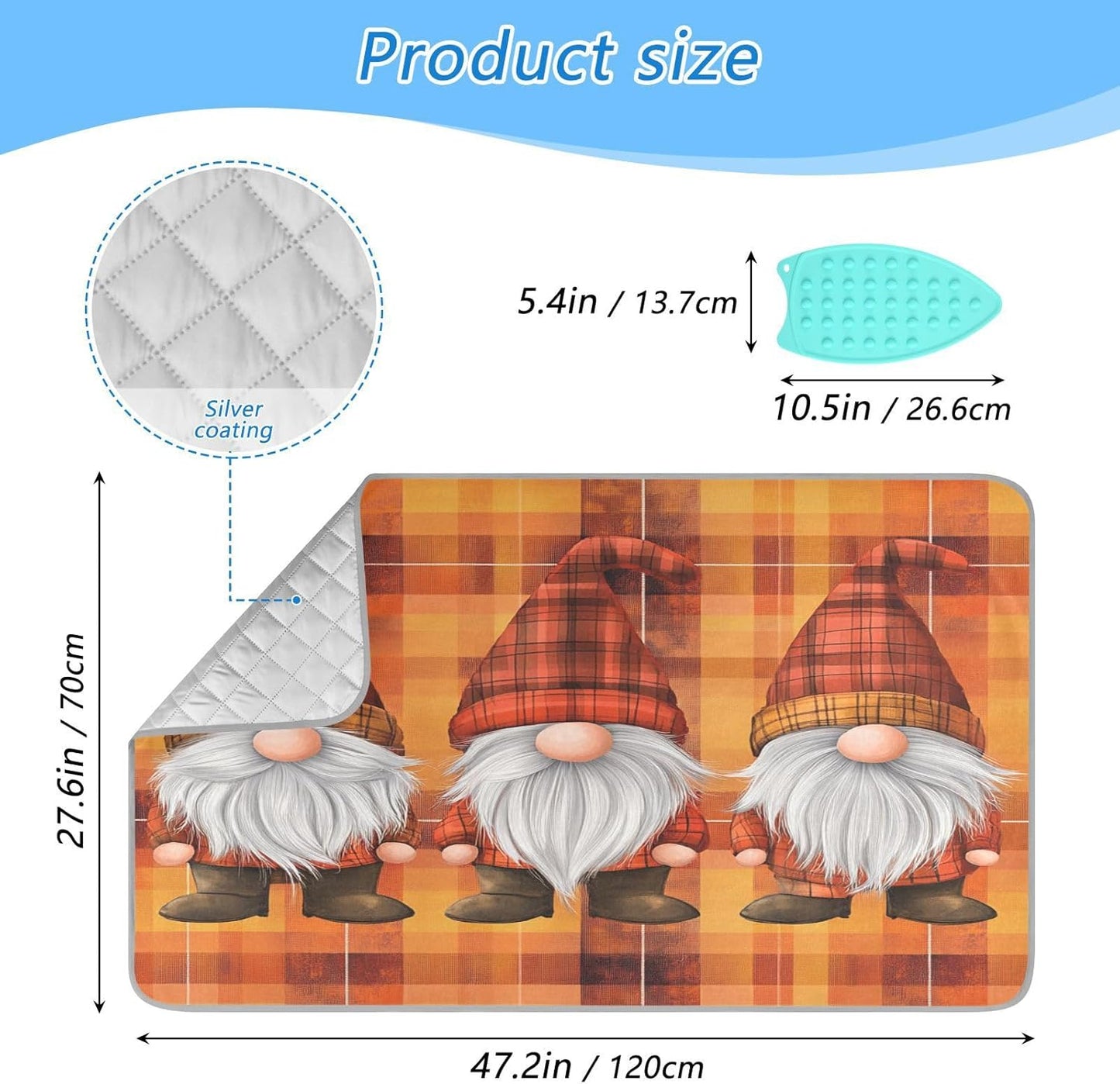 Orange Plaid Thanksgiving Gnomes Ironing Mat Thickened Ironing Blanket Travel Portable Double-Side Using Ironing Pad Travel Isolate Heat Pad Cover for Washer Dryer Table Top Countertop 27.6x47.