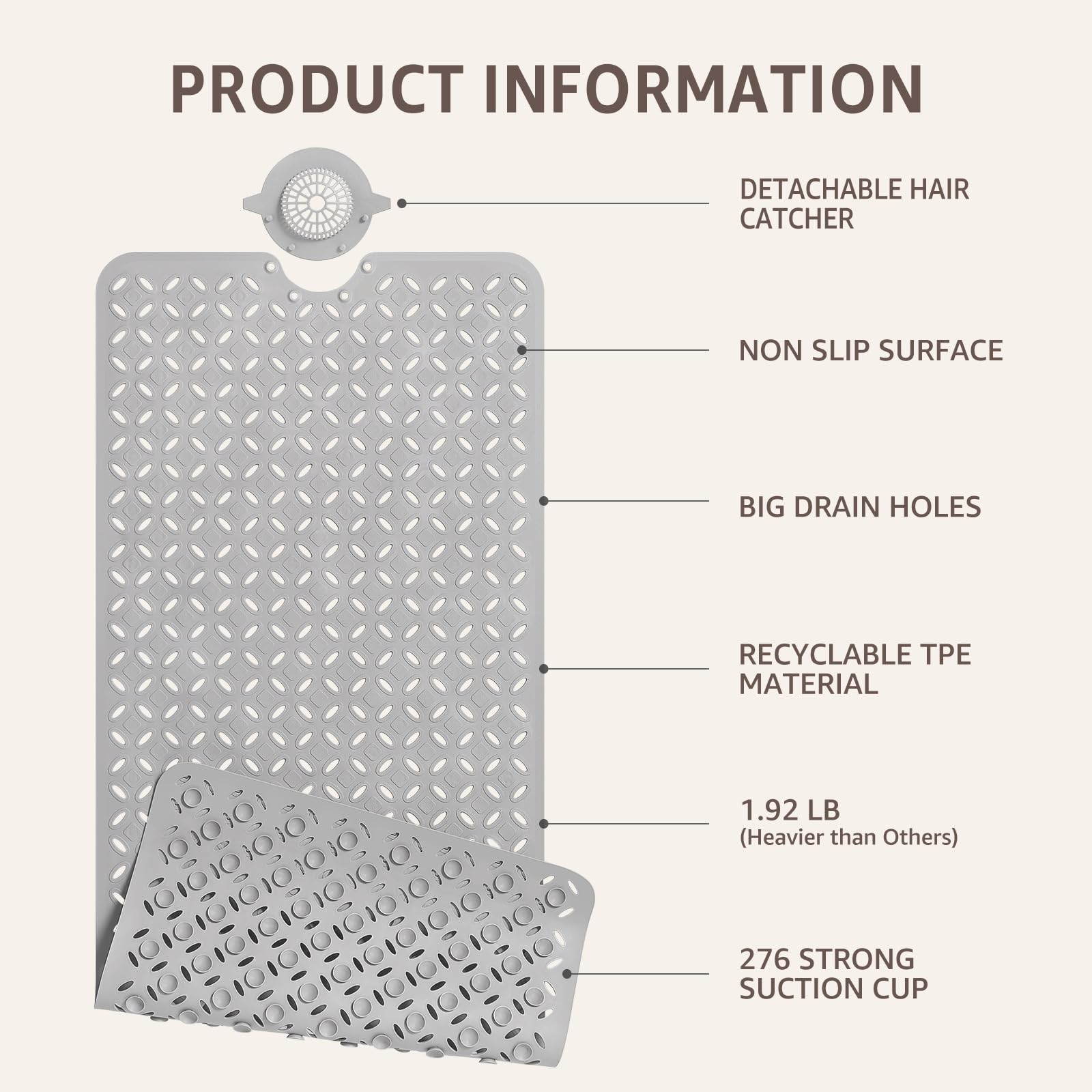 OTHWAY Bath Mat for Tub Non Slip: 39" X 17" Long Bathtub Mat with Hair Catcher│Big Drain Holes