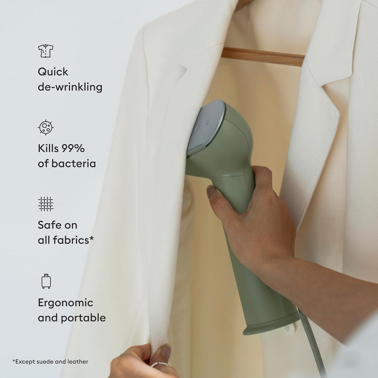 Steamery Handheld Clothes Steamer Cirrus 3, 1200W, US Plug, Heated Ironing Plate, Fast Heat Up, Garment Wrinkle Remover, Green