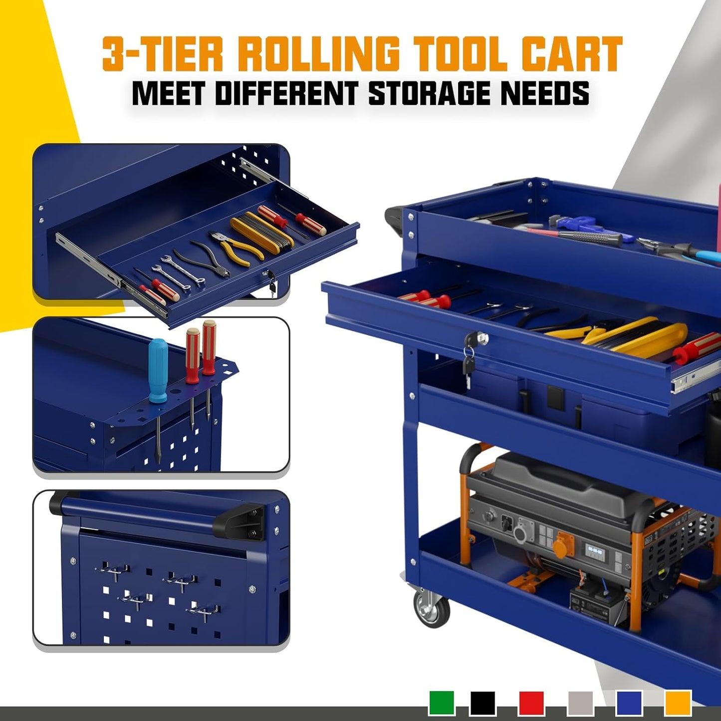 3 Tier Rolling Tool Cart with Drawers, 450 LBS Capacity Tool Cart on Wheels, Heavy Duty Rolling Utility Cart with Drawers, Rolling Utility Carts for Garage, Warehouse and Repair Shop,Blue