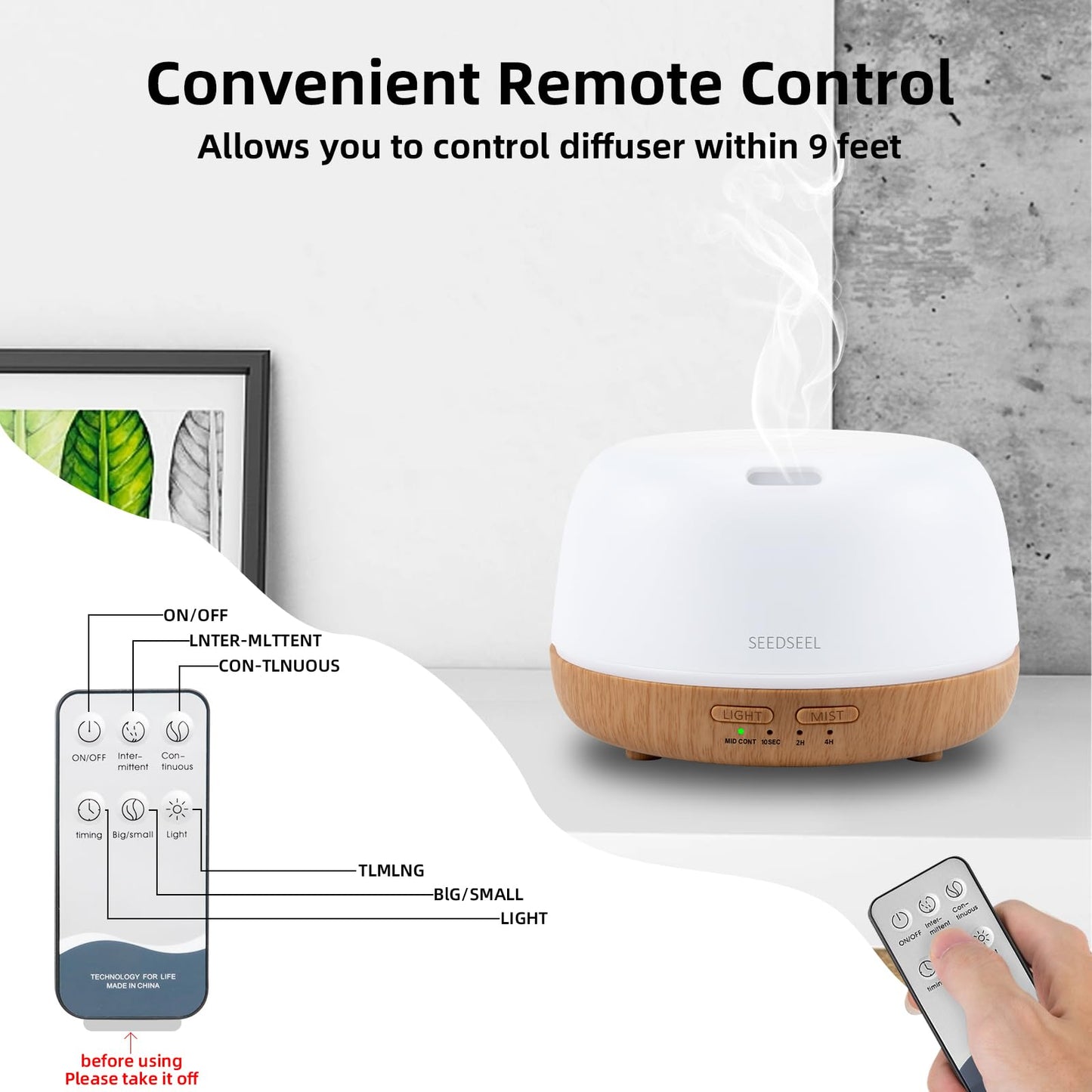 SEEDSEEL 300ML Essential Oil Diffuser with 7-Color LED Lights and Remote Control, Modern Minimalist