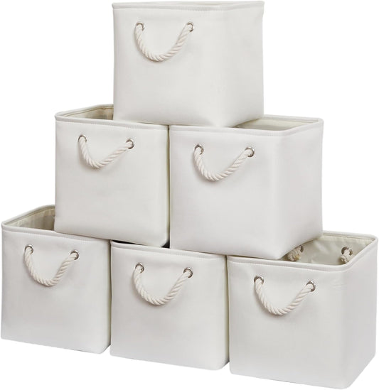 11 x 11 Inch Storage Cubes, 6 Pack Large Collapsible Fabric Storage Bin with Ropes, Foldable Storage Cubes for Home, Office,Closet, Clothes, Toys Organizer (White)