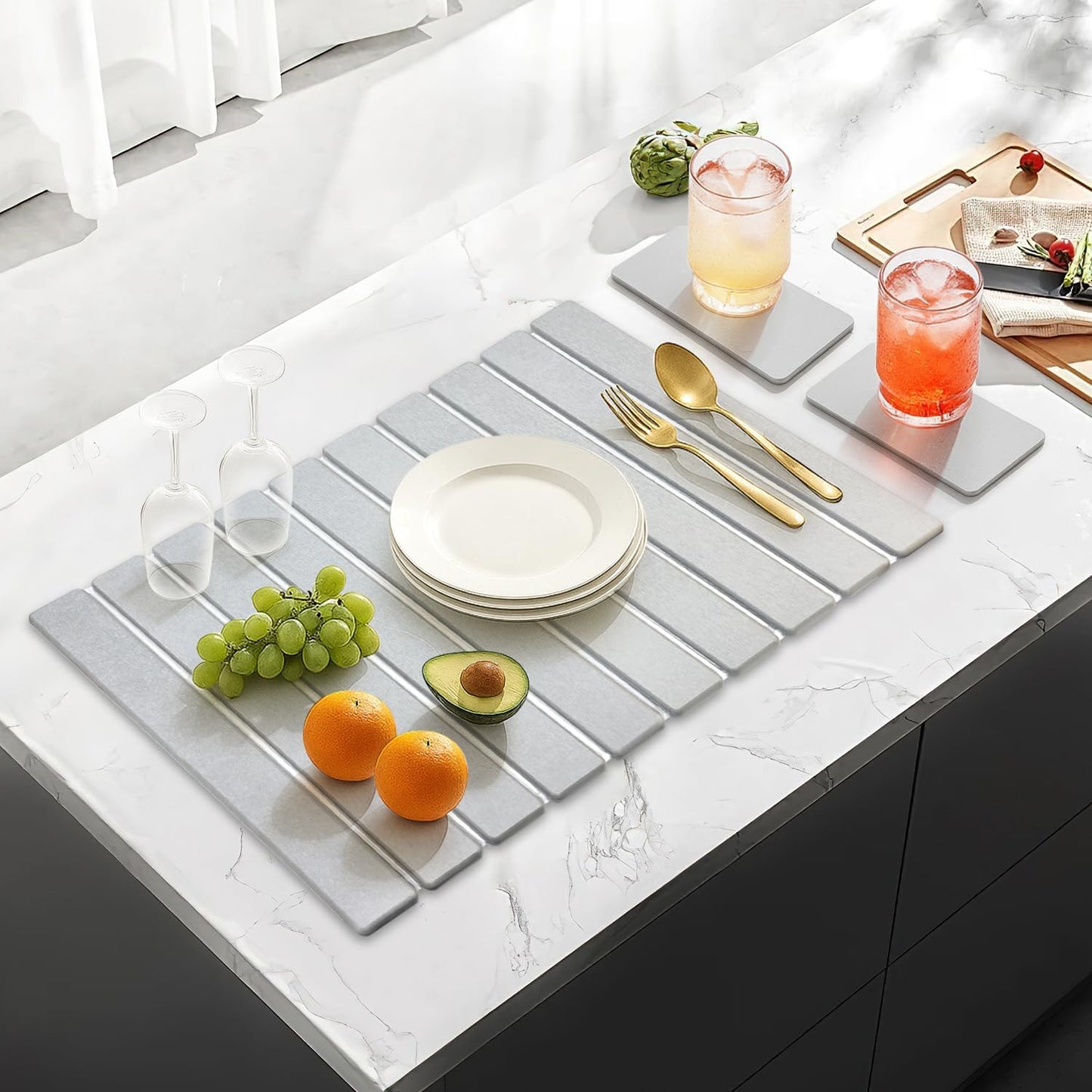 Large Stone Dish Drying Mat for Kitchen Sink Countertop Dish Drainer Diatomaceous Earth Mat Collapsible Dishes Rack Drying Tray Water Absorbent Quick Draining Pads Fast Foldable Bathroom Drying Mats