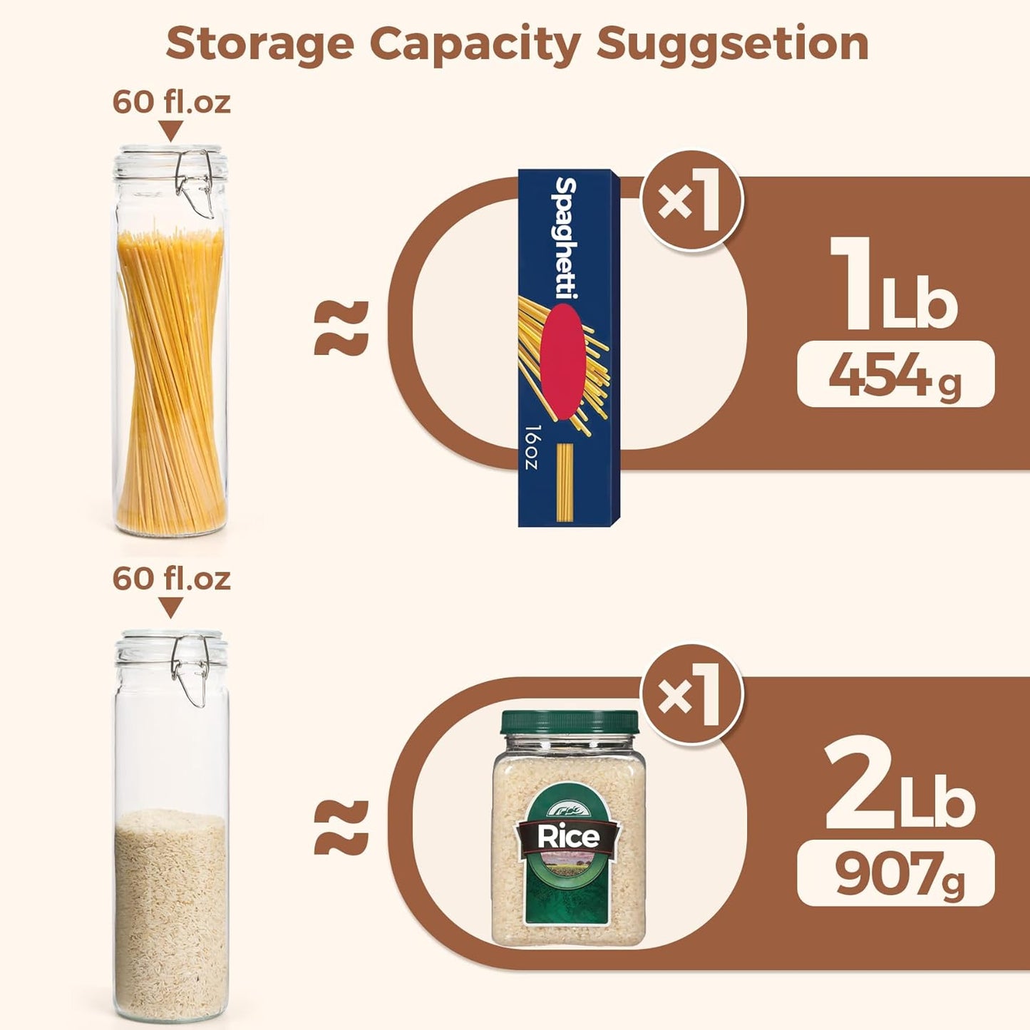 ComSaf 60oz Airtight Glass Jars Set of 3 with Lids Food Storage Jar Round - Tall Spaghetti Container with Clear Preserving Seal Wire Clip Fastening, Pasta jar for Kitchen Canning, Nut,Oat, Dry Goods