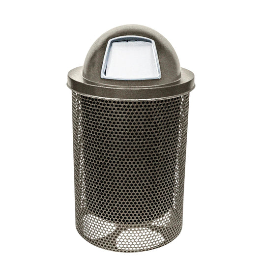 COATEDOUTDOORFURNITURE 32-Gallon Heavy-Duty Punched Steel Round Trash Receptacle, Commercial Outdoor Waste Bin with Liner & Black Dome Lid – Made in America (Textured Gold Vein)