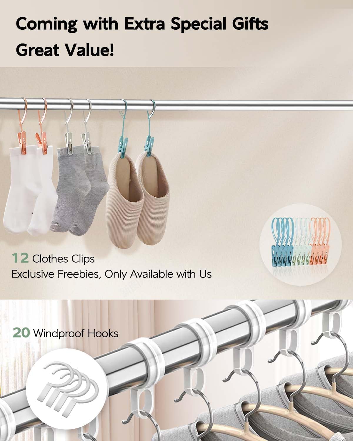 Clothes Drying Rack 79 Inches Folding Indoor Outdoor, Drying Rack Clothing Collapsible, Foldable Laundry Drying Rack, Heavy Duty Stainless Steel Clothesline, Garmet Rack, 20 Hooks 12 Clips