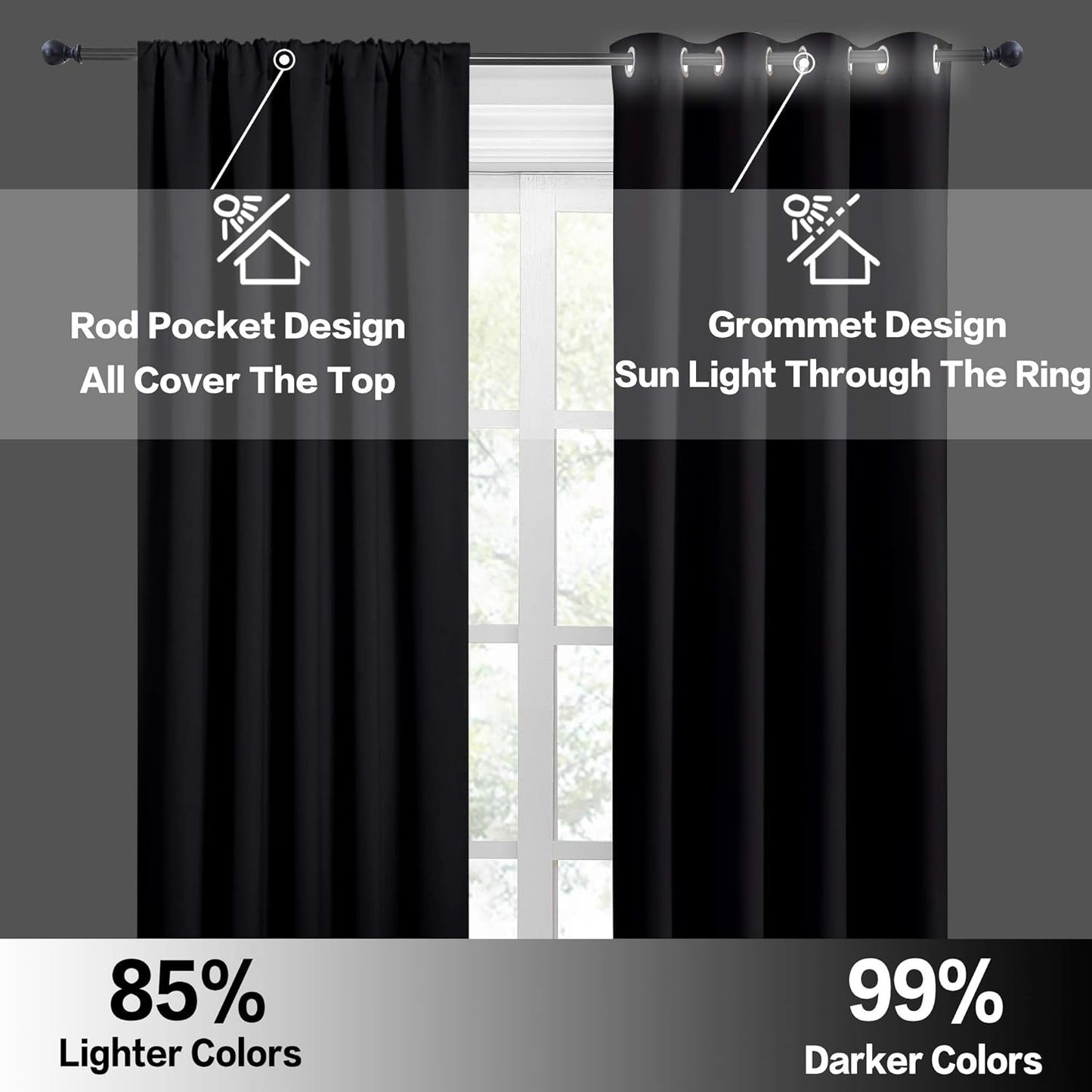 RYB HOME Black Curtain Panels for Nursery Soft Solid Energy Saving Drapes Window Treatments Insulated Panels Sunlights Block Privacy Protect for Bedroom Kitchen, 42 in x 54 in, Black, 2 Pcs