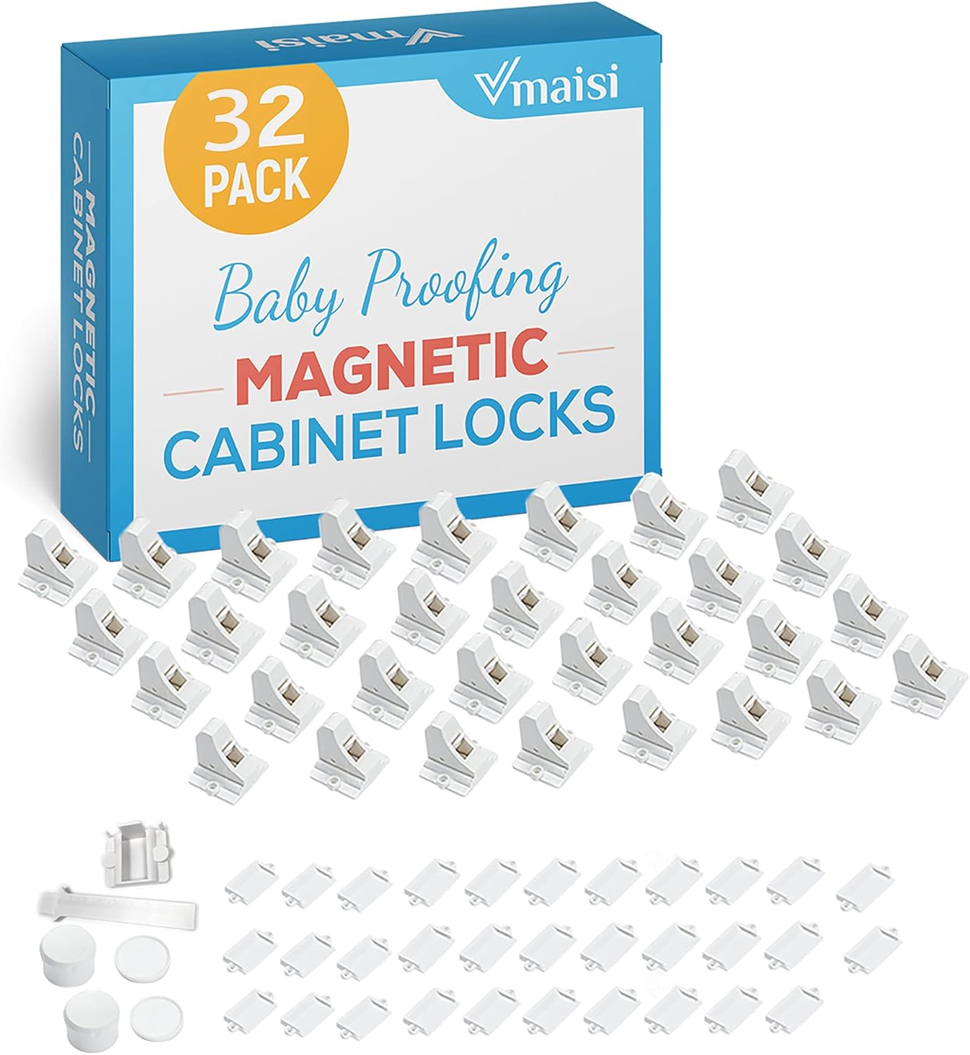 Vmaisi Adhesive Magnetic Locks for Cabinets & Drawers (32 Locks and 4 Keys)