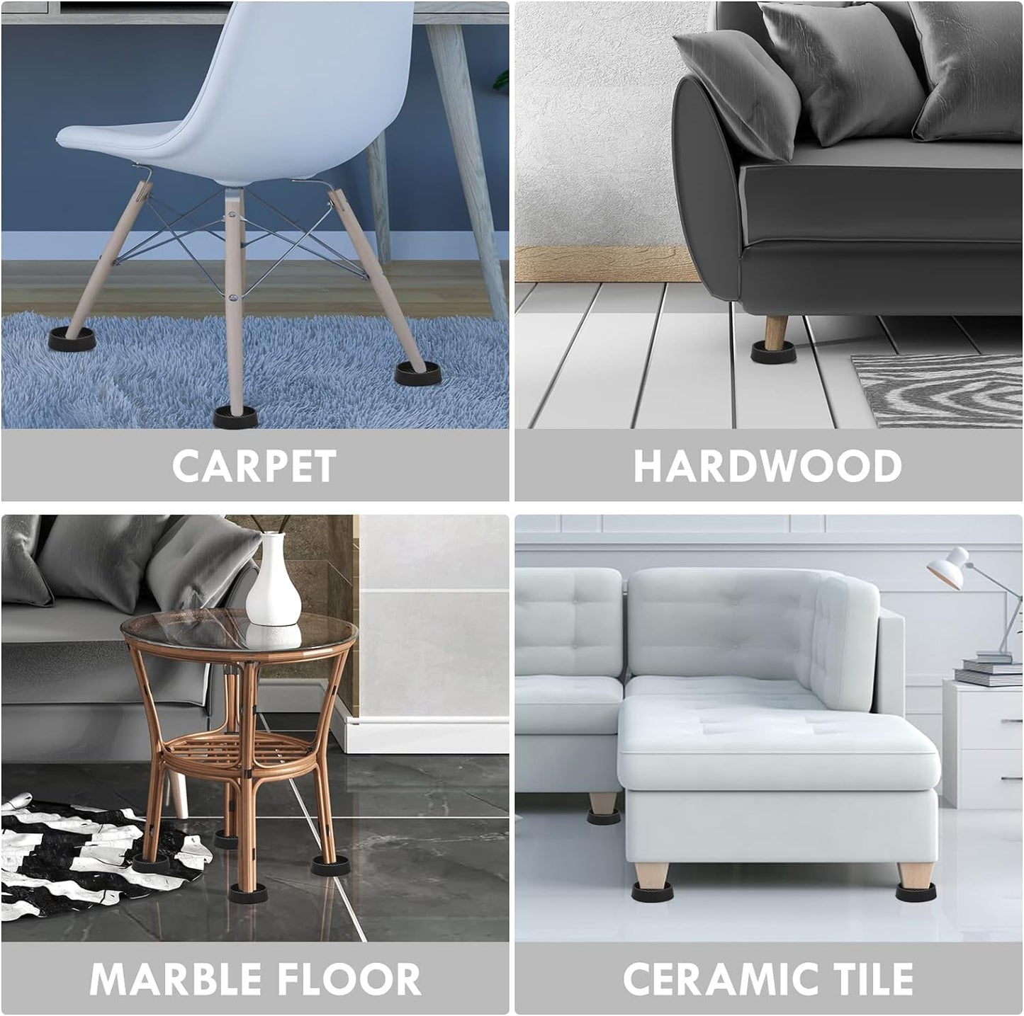 Furniture Coasters, 1.5X1.5 Rubber Caster Cups Non Slip Furniture Pads Non Skid Furnitures Grippers Anti Slide Floor Protector for Bed Couch Table Chair Stoppers - 4 Pack, Black