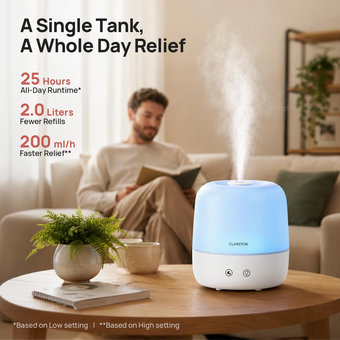Clarston Humidifiers for Bedroom, 2L Cool Mist Humidifier, 24dB Quiet Sleep