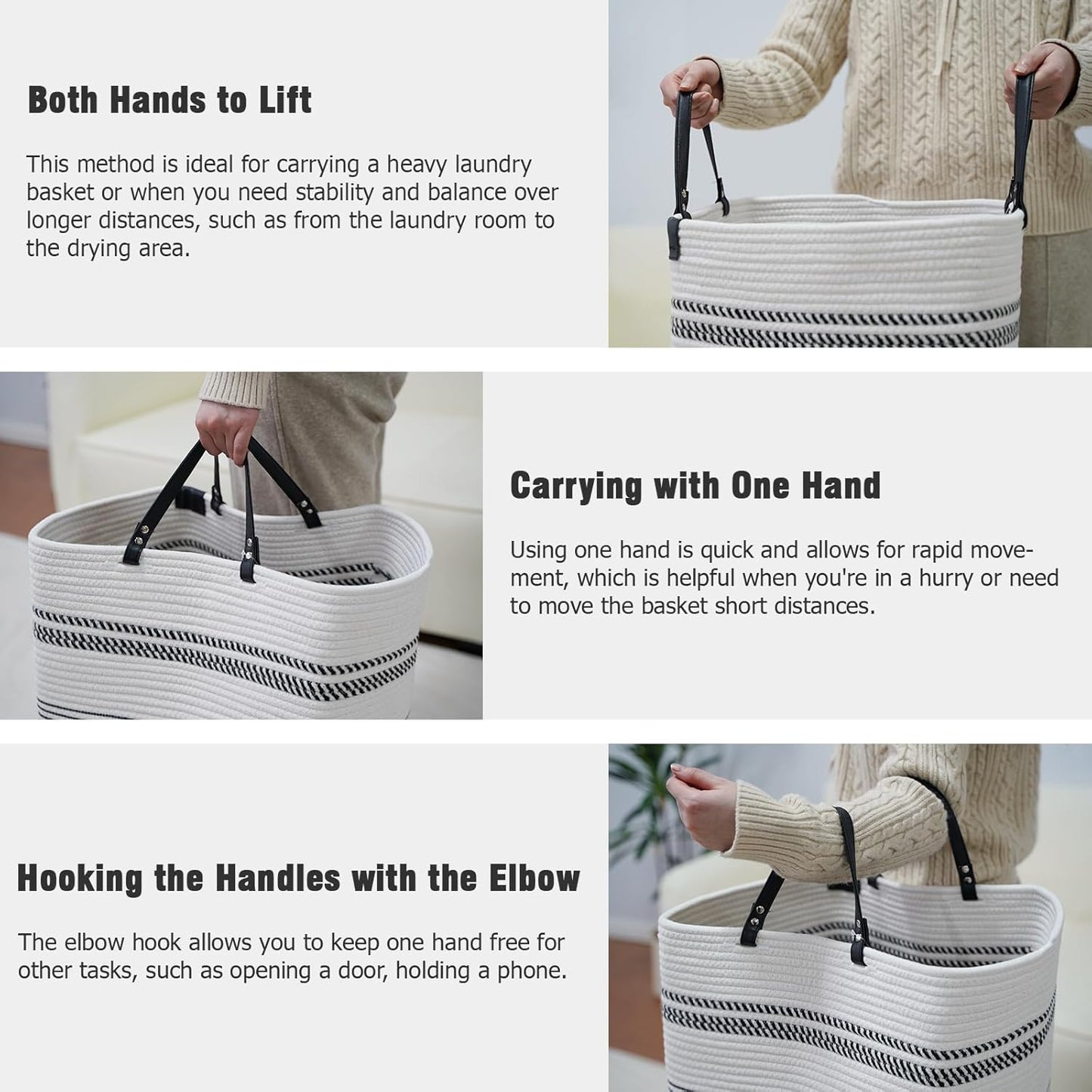 danpinera 100L Nursery Hamper, Tall Woven Laundry Basket with Long Leather Handles, Boho Laundry Hamper for Living Room & Bedroom, Eco-friendly & Convenient Decorative Storage Basket, White & Black