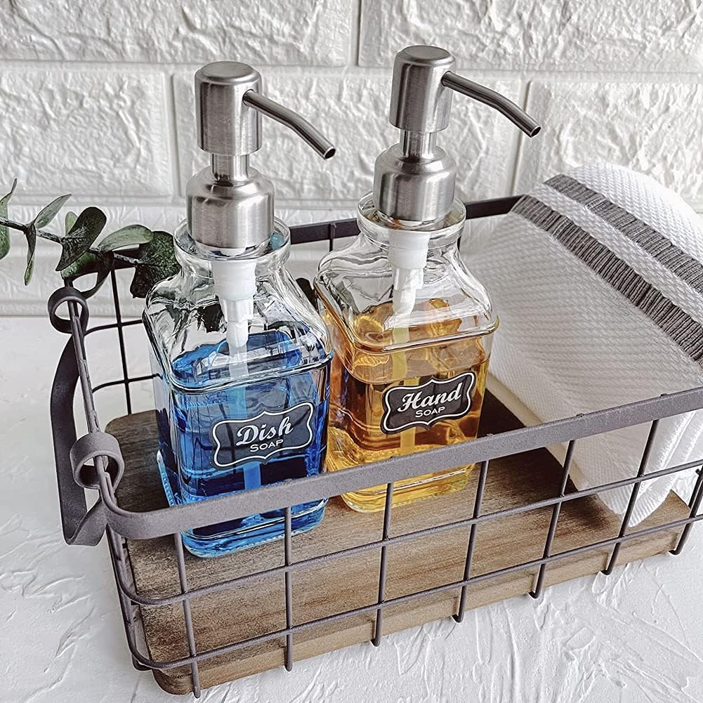 JASAI 2Pack Antique Design Glass Soap Dispenser with Rust Proof 304 Stainless Steel Pump, Refillable Hand Soap Dispenser with 10Pcs Stickers, Premium Soap Dispensers for Kitchen & Bathroom (Clear)