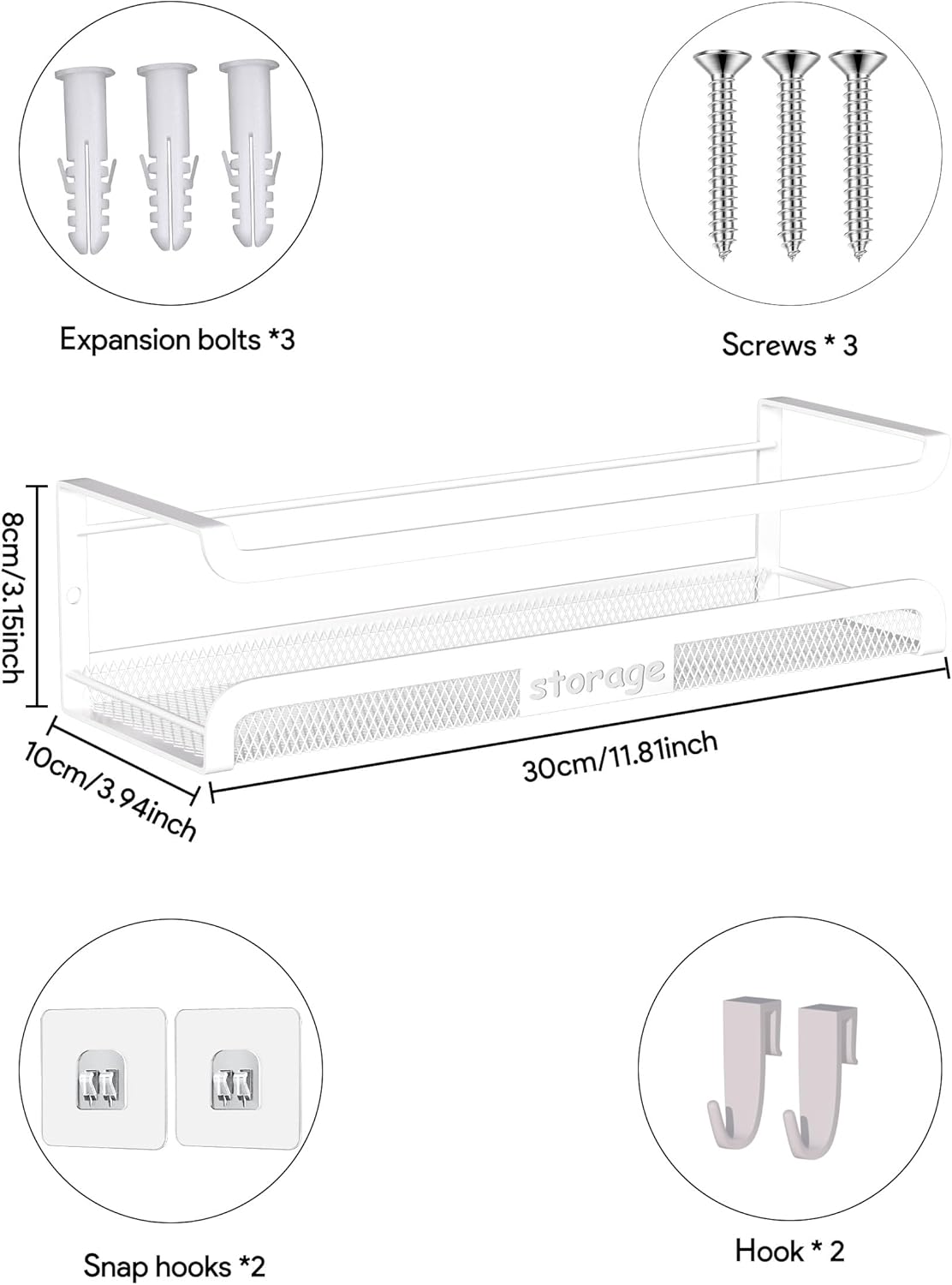 Spice Rack Wall Mount with Hooks - Spice Racks Organizer for Cabinet Storage, Wall Mounted Hanging Shelf Seasoning Organizer, for Kitchen, Pantry Door, Bathroom (White, 4 Pack)