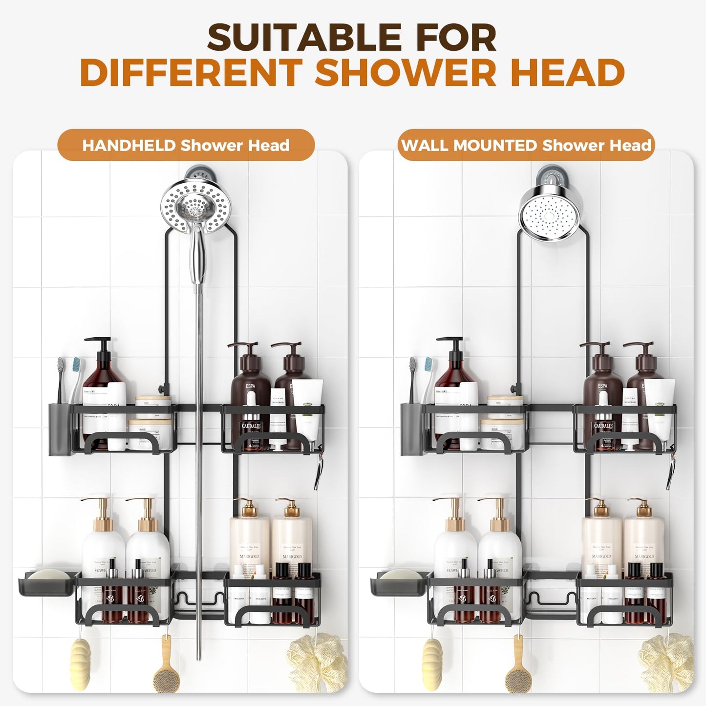 REINHARDT Split Shower Caddy Hanging for Handheld Showerheads, Black