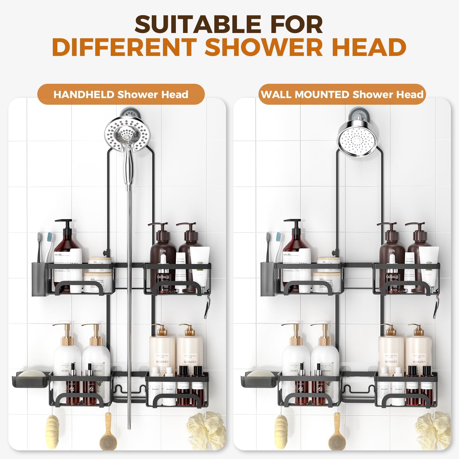 REINHARDT Split Shower Caddy Hanging for Handheld Showerheads, Black
