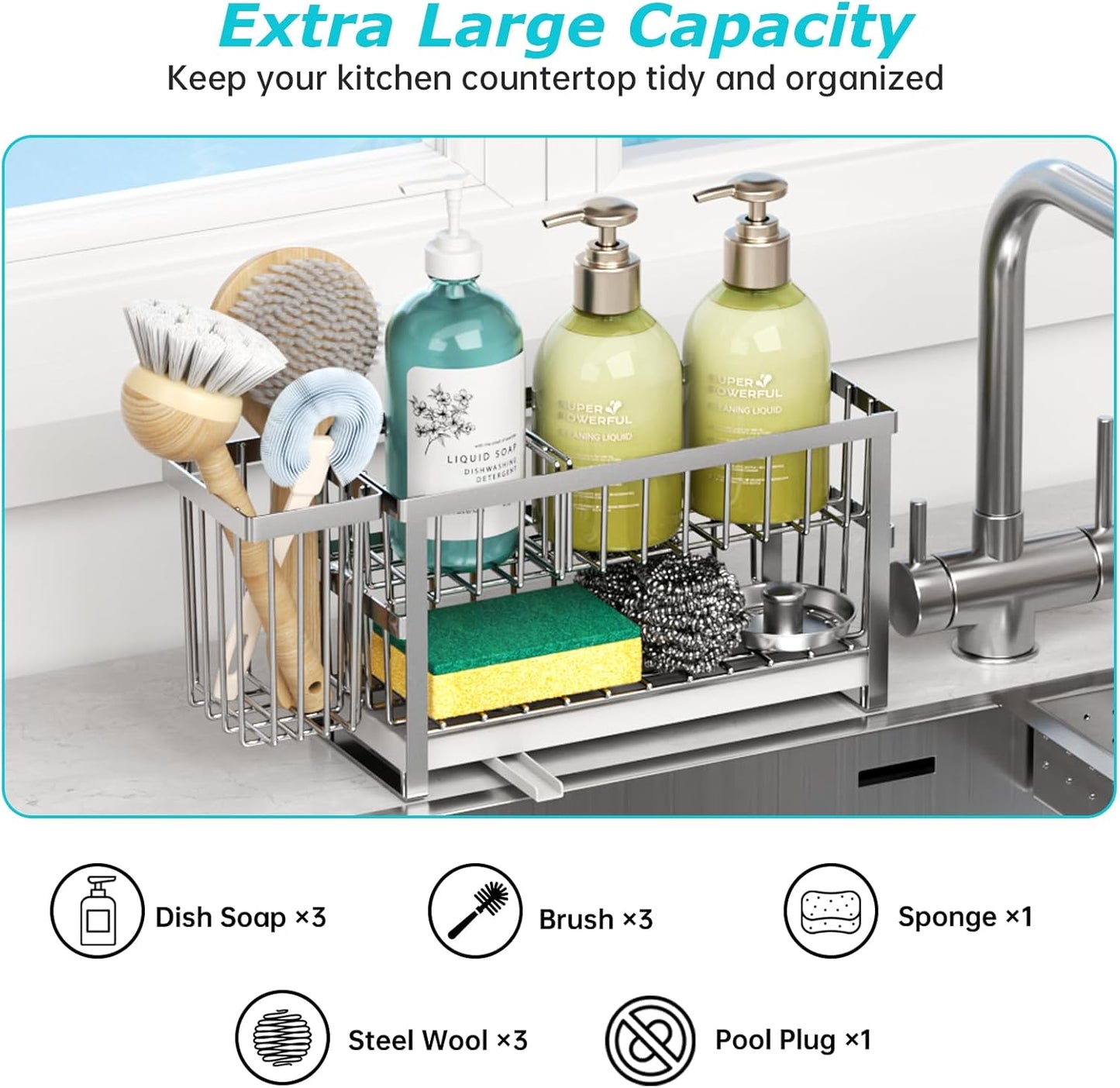 Sponge Holder for Kitchen Sink, 2 Tier Sink Caddy Organizer Countertop with Dish Brush Holder and 360° Drain Tray, Rustproof Stainless Steel Dish Soap Storage Rack Set for Accessories Silver