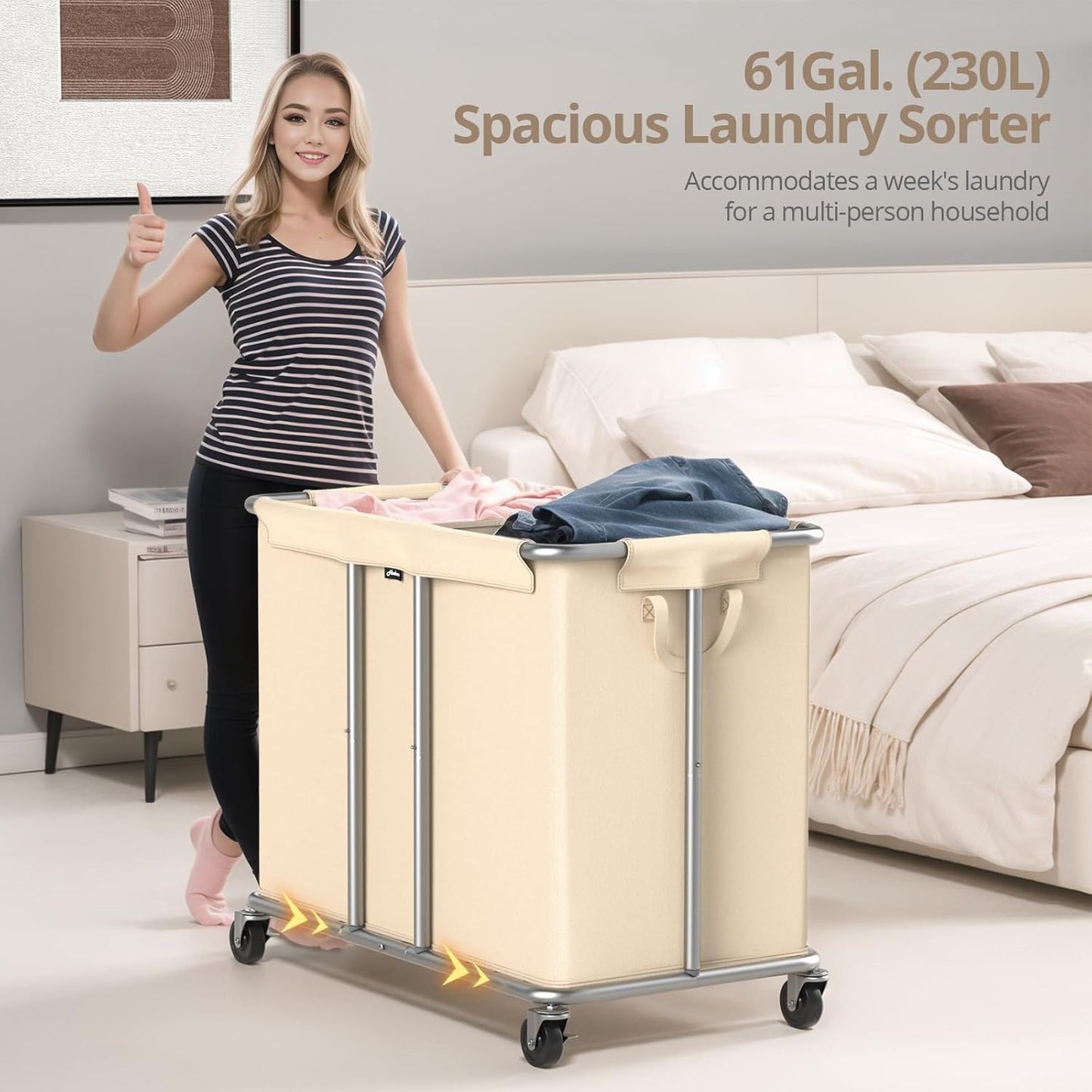 230L Rolling Laundry Hamper, 2-Section Laundry Basket with Wheels, 61 Gallons Laundry Sorter with Metal Structure and Removable Liner, Clothes Hamper for Laundry Room, Bathroom, Bedroom, Beige
