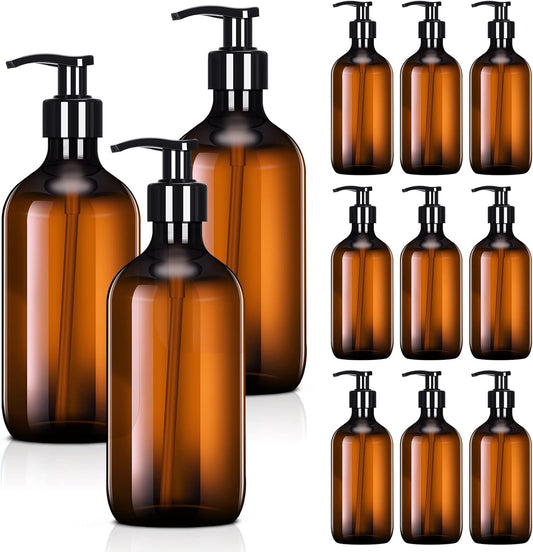 Tessco for you 12 Pack Amber Soap Dispenser Empty Plastic Pump Bottles Dispenser Refillable Shampoo Container for Hand Sanitizer Soap Lotion Body Wash Conditioner Bathroom Kitchen Travel(8.5 oz)