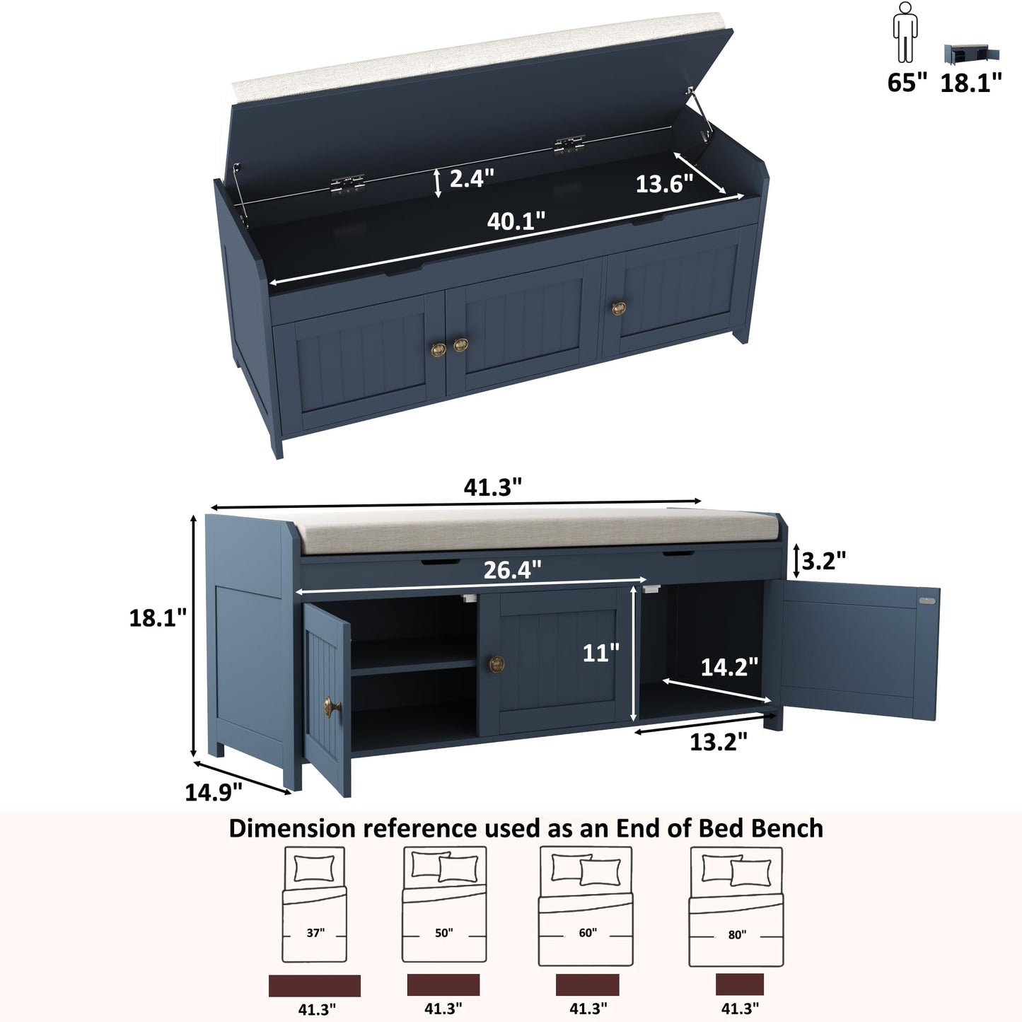 HOMEFORT 41.3" Shoe Bench with Lift Top Storage, Entryway Bench with Cushioned Seat, Wooden End of