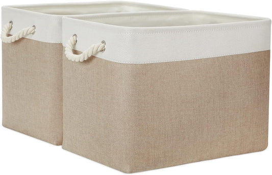 Temary Fabric Storage Baskets 2 Pack Decorative Storage Bins Basket for Gifts Empty Shelf Baskets with Handles for Organizing Home Closet, Towels (White&Khaki,16Lx12Wx12H Inches)