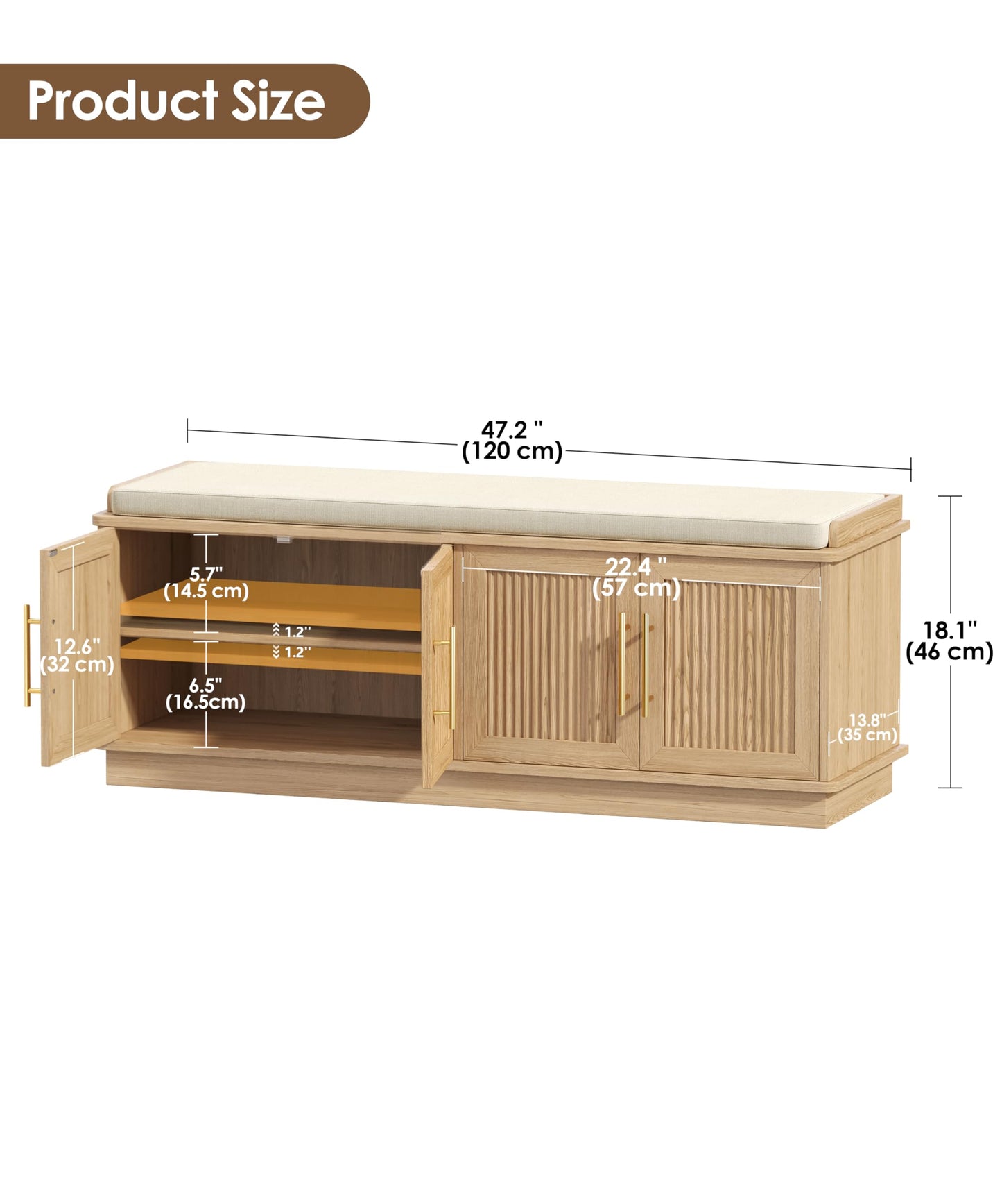 Akxomel 47.2" Fluted Shoe Storage Bench 4 Doors Wooden Entryway Bench Oak