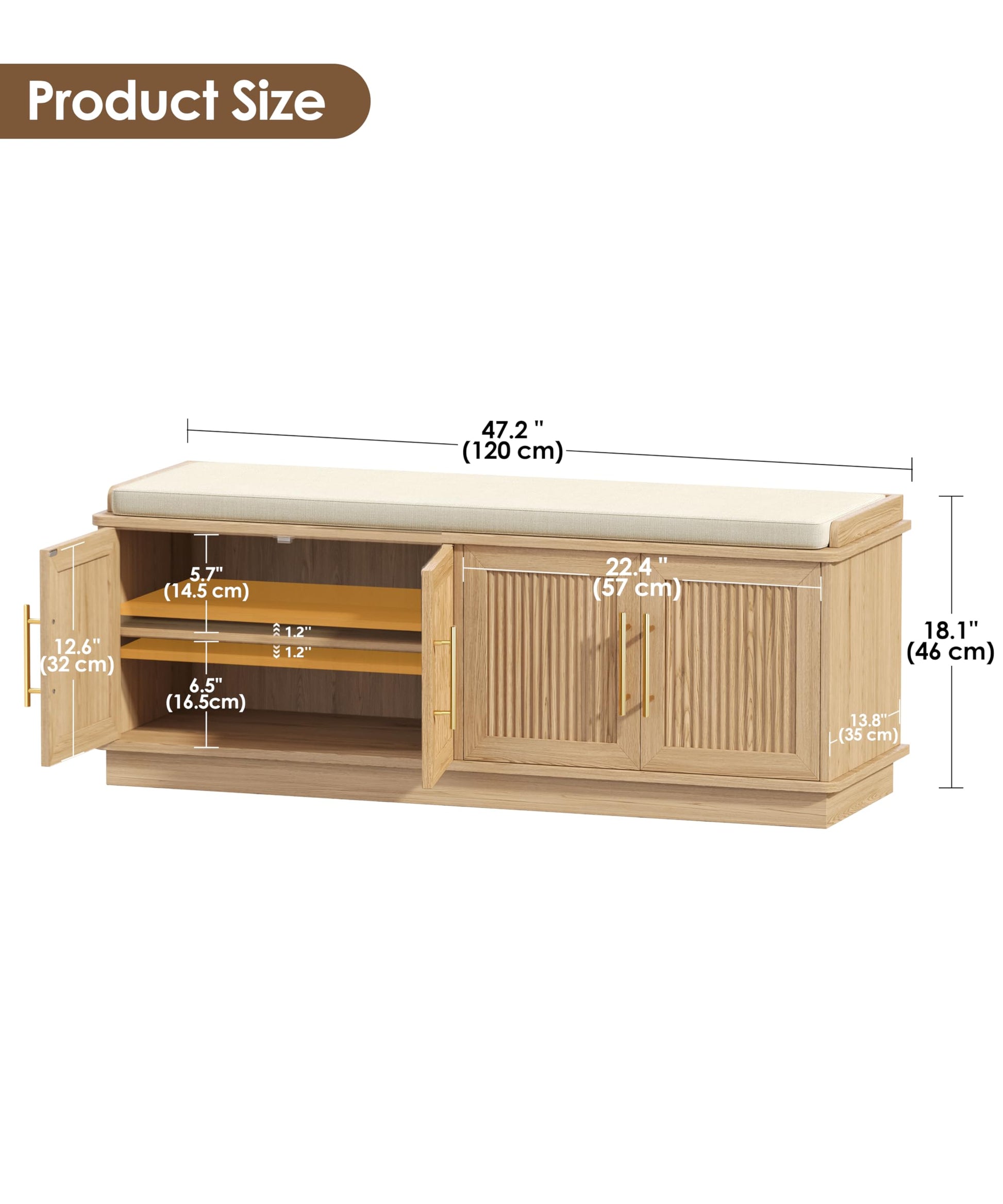 Akxomel 47.2" Fluted Shoe Storage Bench 4 Doors Wooden Entryway Bench Oak