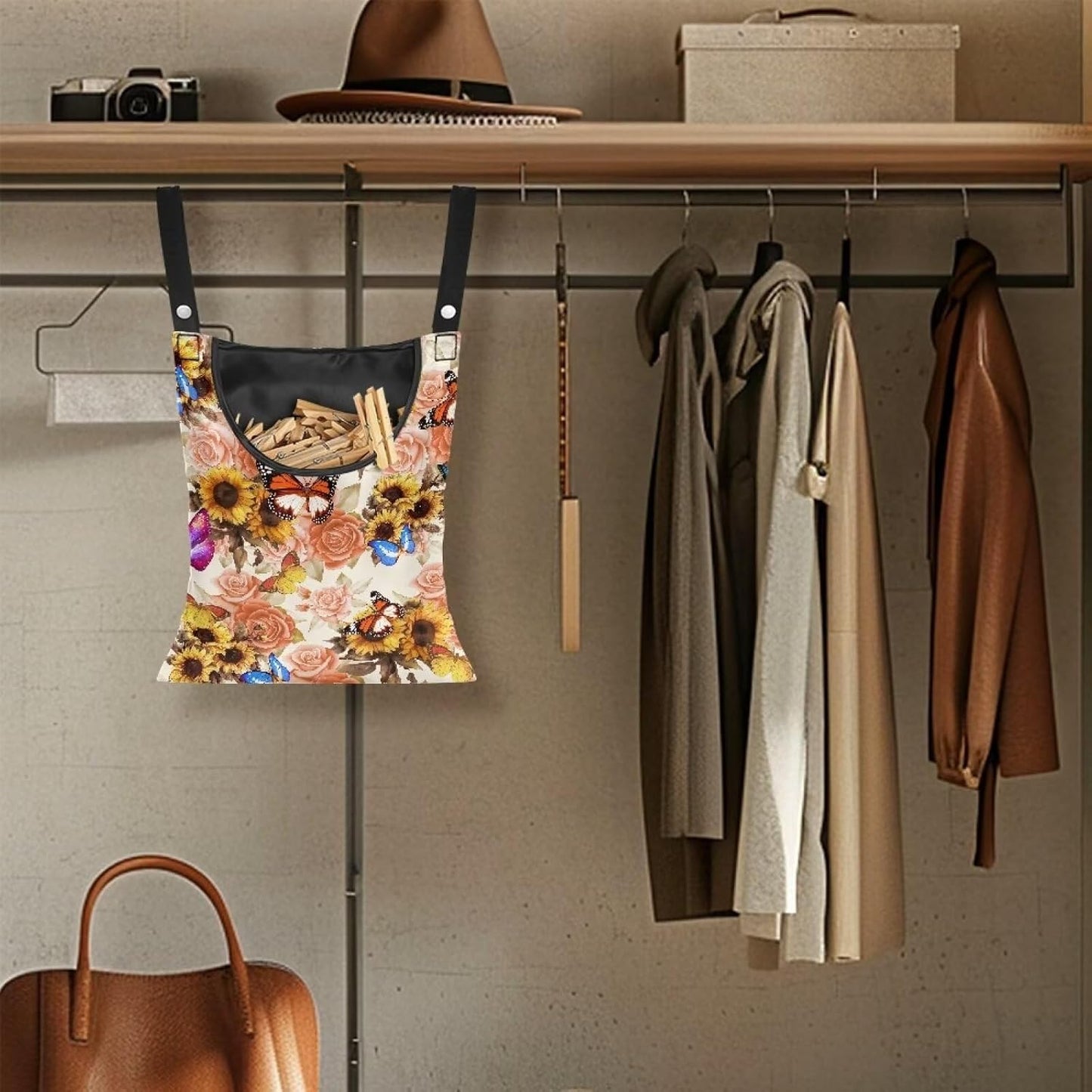 Butterfly Clothespin Bag with Hanging Sunflowers Rose Hook Waterproof Clothes Pin Hanging Bag Space-Saving Clothespin Storage Organize Clothespin Bag for Clothesline Outdoor