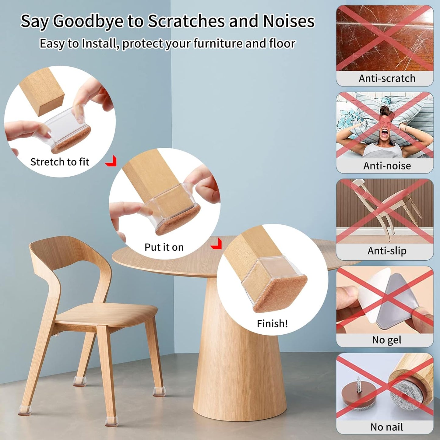 Ezprotekt 8 Pcs Extra Large Square Chair Leg Floor Protectors, Silicone Felt Furniture Pads for Hardwood Floor, Dining Table Bar Stool Leg Protectors Leg Cups Covers (XL Fit: 1.5" - 2", Clear)