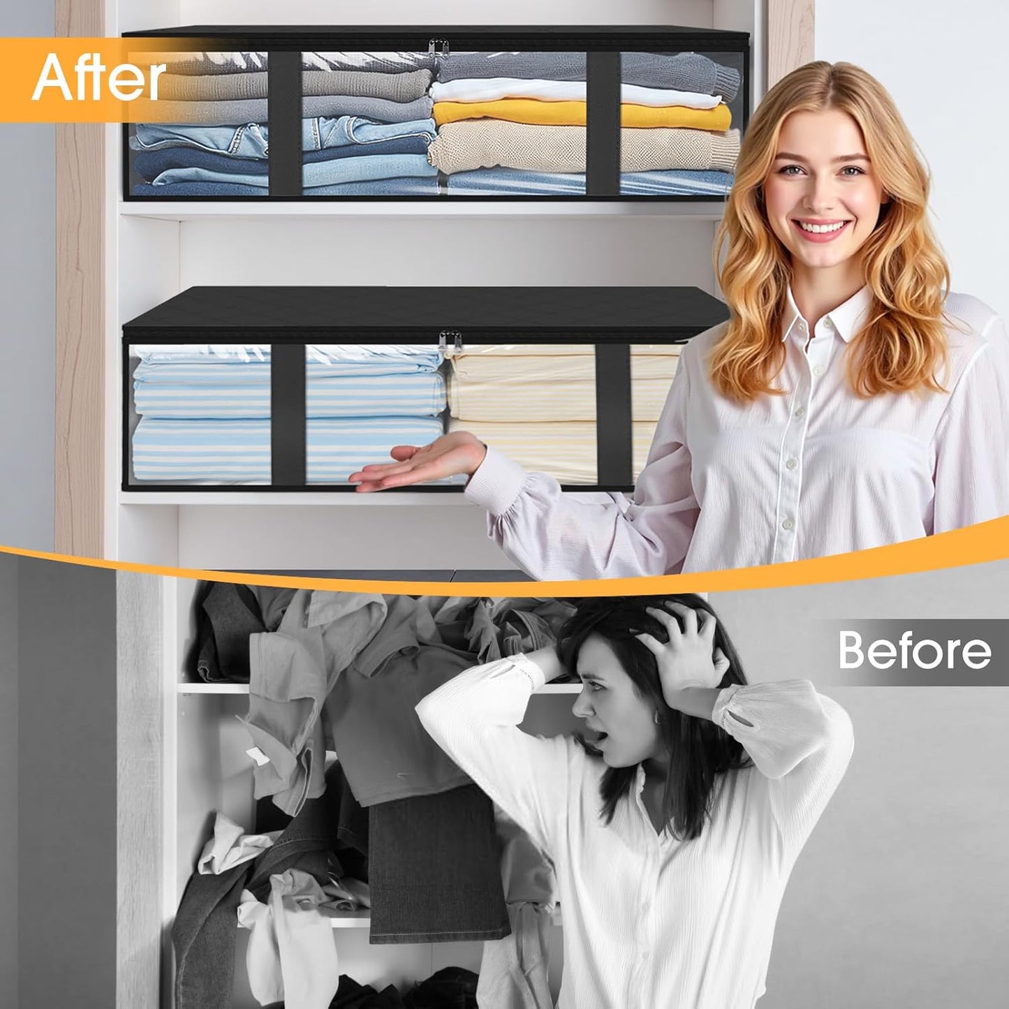 StorageRight Under Bed Storage Bins, 4-Pack 40L Foldable Fabric Storage Bags with Transparent Window, Breathable Organizer for Clothes/Blanket/Comforter/Quiltr, Black