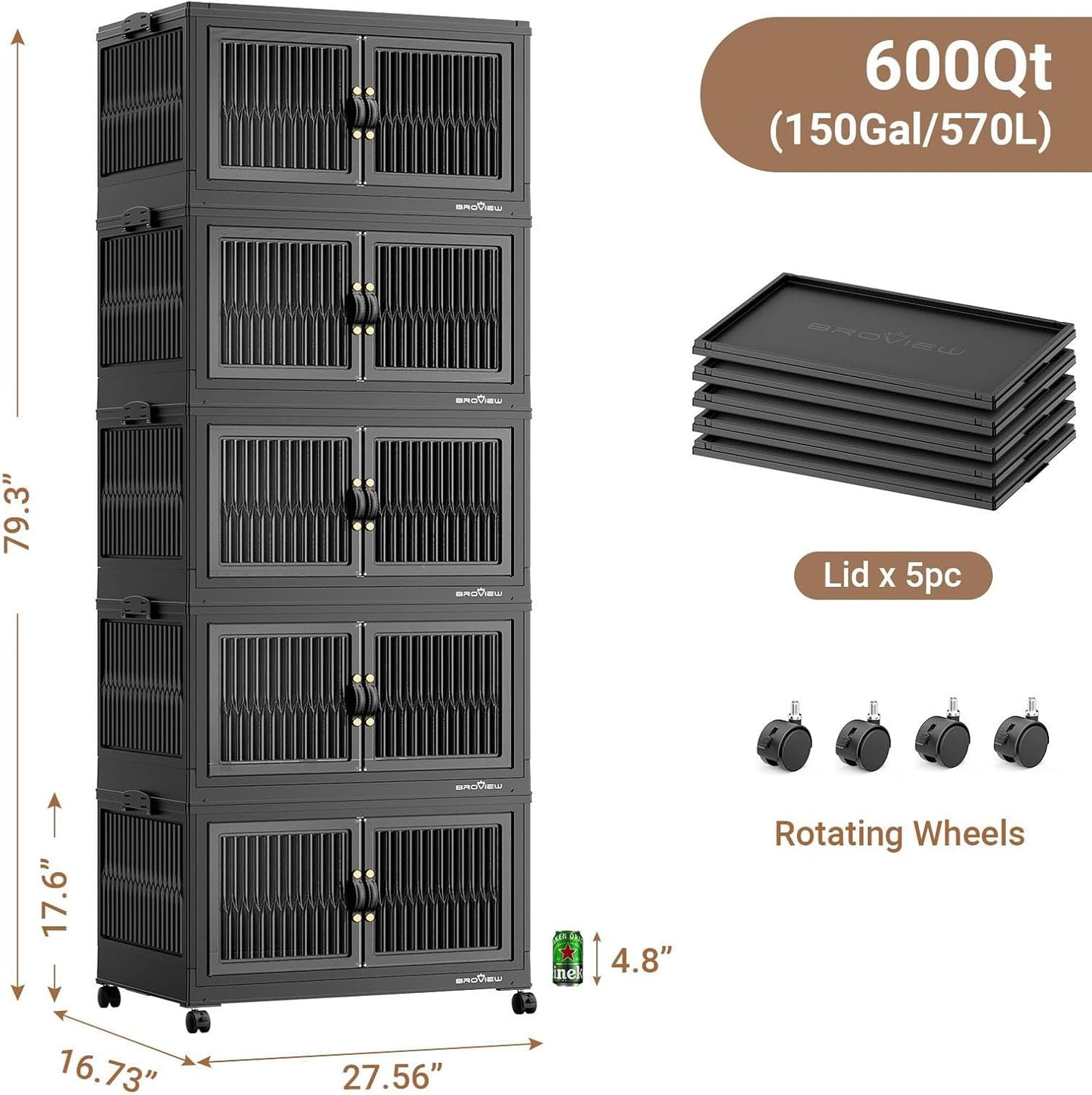 BROVIEW 600Qt Stackable Storage Bins with 5 Lids, Extra Large Closet Organizer Collapsible Drawer Boxes with Wheels, Folding Plastic Cabinet Containers for Home Kitchen Room Organization, 5Pack Black