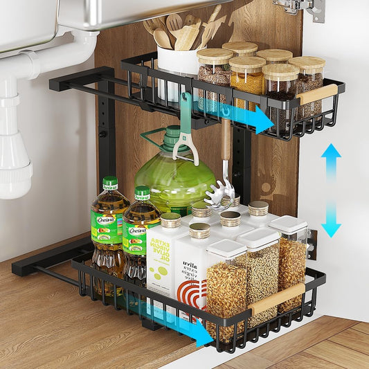 Under Sink Organizer, 2 Tier Under Sink Organizers and Storage, Metal Slide out Pull out Cabinet Organizer,Sliding Drawer Organizer for Kitchen Bathroom Pantry Closet